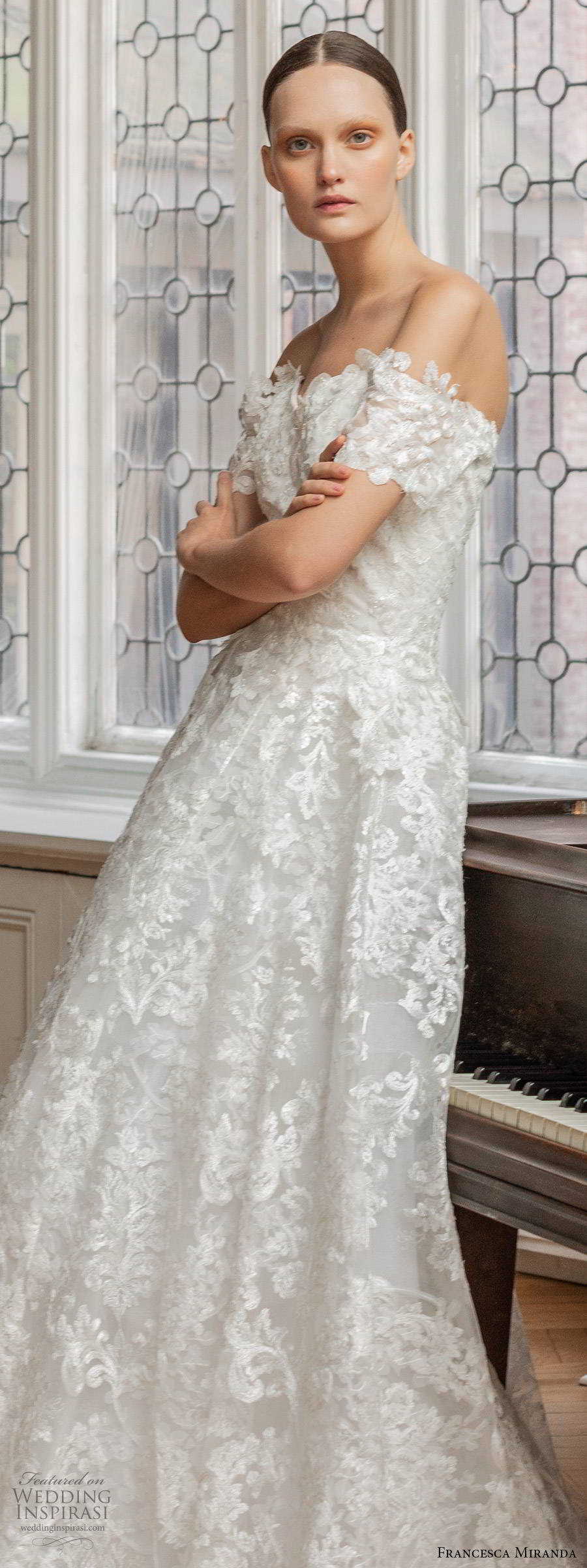 francesca miranda spring 2020 bridal off shoulder sweetheart neckline fully embellished lace a line ball gown wedding dress romantic elegant (6) lv