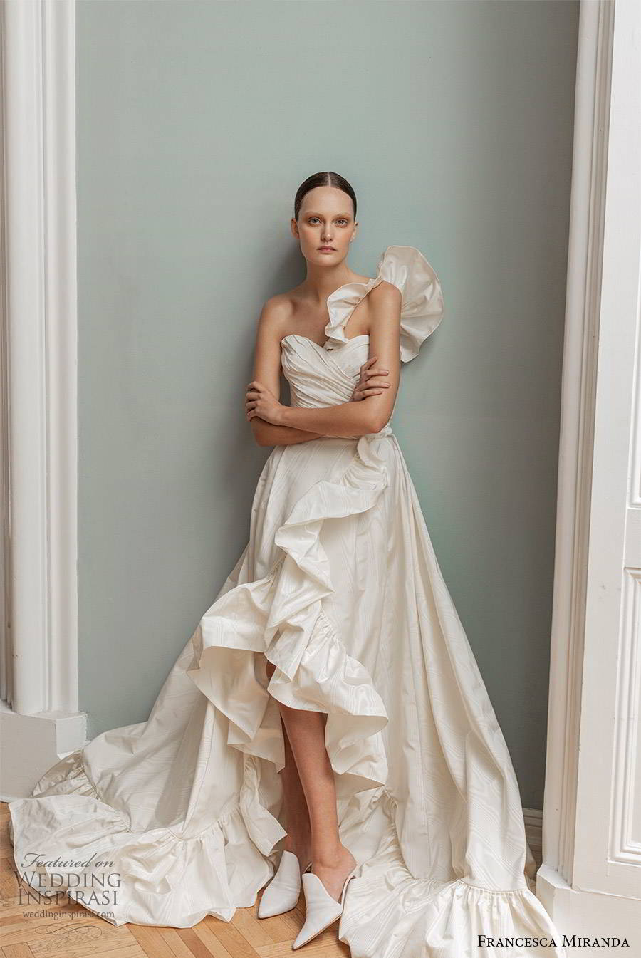 francesca miranda spring 2020 bridal one shoulder ruffle straps sweetheart neckline pleated bodice a line ball gown wedding dress high low skirt modern romantic (3) mv