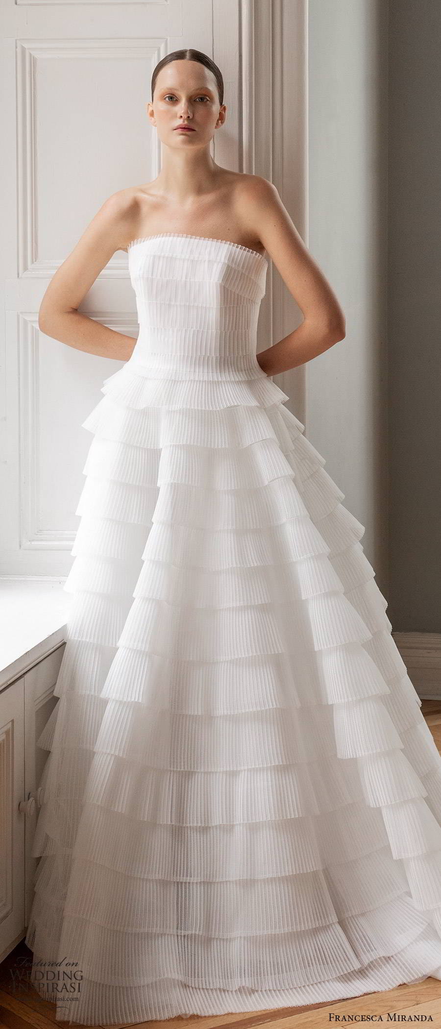 francesca miranda spring 2020 bridal strapless straight across pleated bodice ruffle tier skirt a line ball gown wedding dress elegant romantic (4) lv