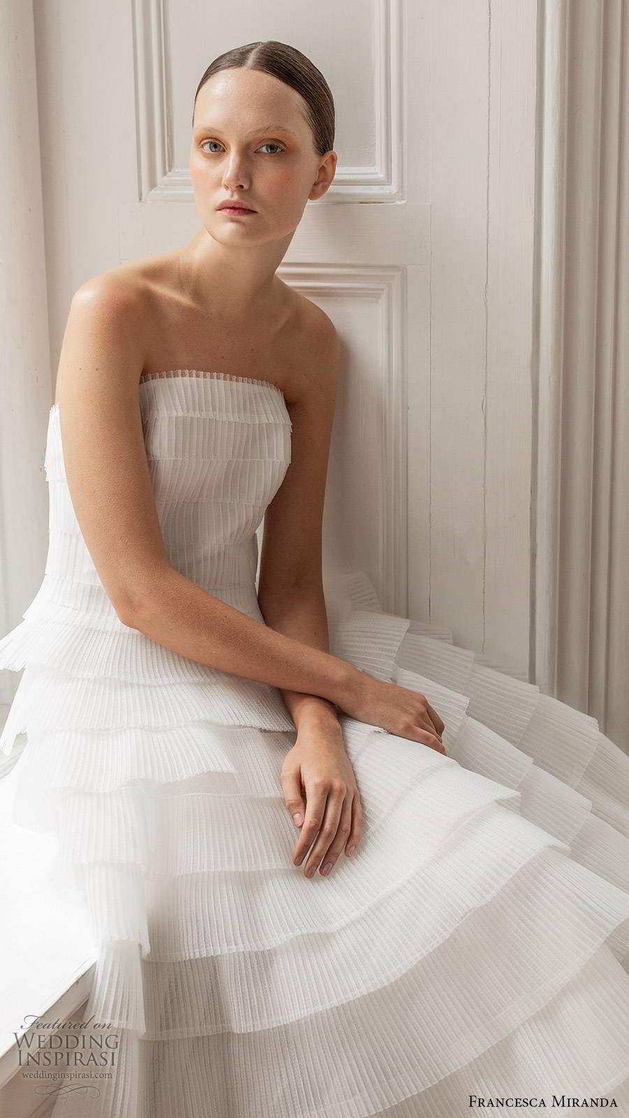 francesca miranda spring 2020 bridal strapless straight across pleated bodice ruffle tier skirt a line ball gown wedding dress elegant romantic (4) zv