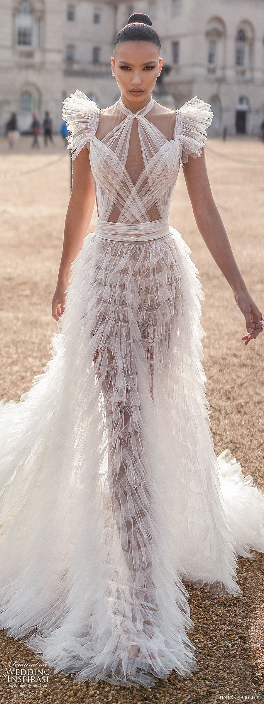 lior charchy 2019 bridal flutter sleeves illusion high neckline ruched sheer bodice tiered ruffle skirt modified a line wedding dress (1) romantic boho modern cathedral train lv