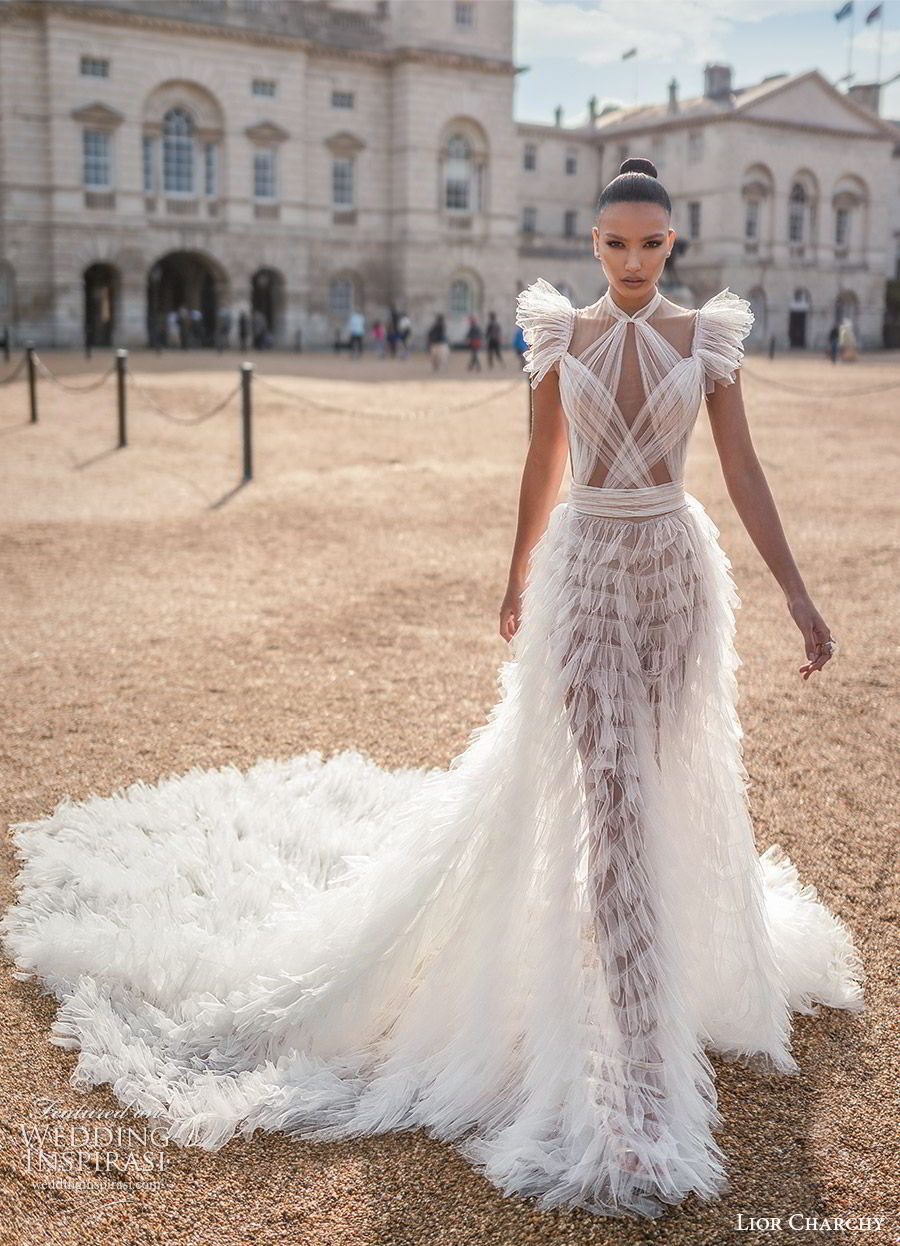 lior charchy 2019 bridal flutter sleeves illusion high neckline ruched sheer bodice tiered ruffle skirt modified a line wedding dress (1) romantic boho modern cathedral train mv lior charchy 2019 bridal flutter sleeves illusion high neckline ruched sheer bodice tiered ruffle skirt modified a line wedding dress (1) romantic boho modern cathedral train mv