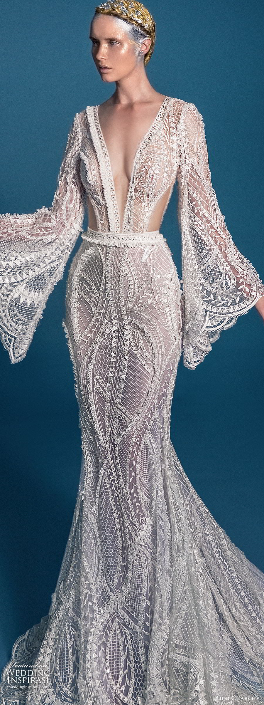 lior charchy 2019 bridal illusion long flare sleeves plunging v neckline fully embellished lace fit flare trumpet mermaid sheath wedding dress (7) boho chic chapel train lv lior charchy 2019 bridal illusion long flare sleeves plunging v neckline fully embellished lace fit flare trumpet mermaid sheath wedding dress (7) boho chic chapel train lv