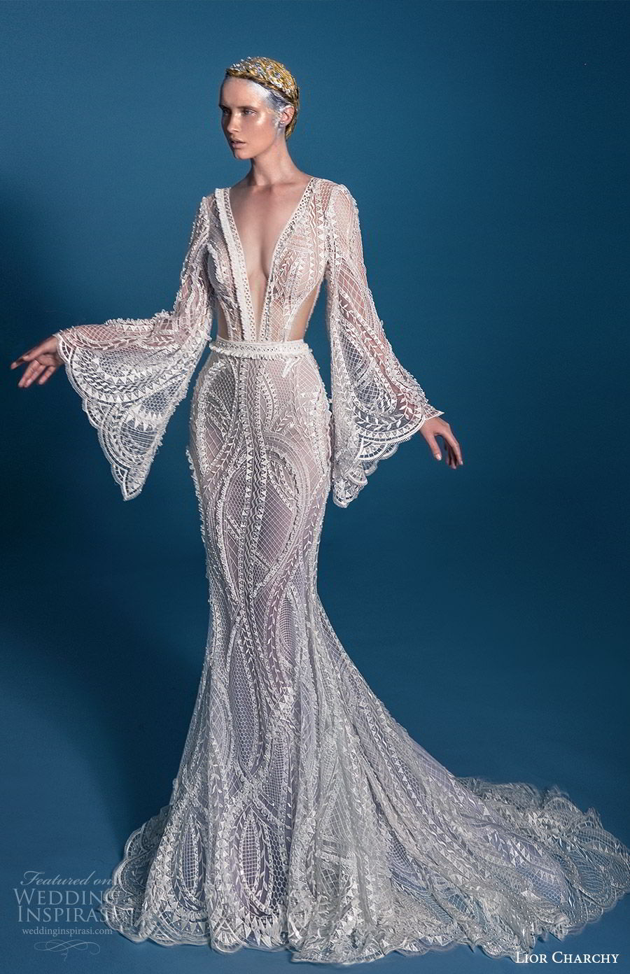 lior charchy 2019 bridal illusion long flare sleeves plunging v neckline fully embellished lace fit flare trumpet mermaid sheath wedding dress (7) boho chic chapel train mv