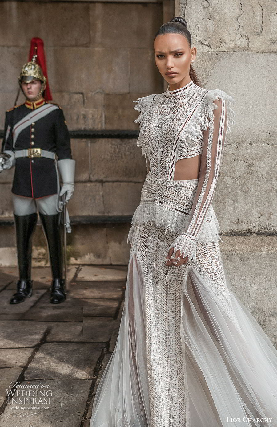 lior charchy 2019 bridal illusion long sleeves high neckline fully embellished side cutouts a line fit flare wedding dress (2) lace romantic boho chic moden mv