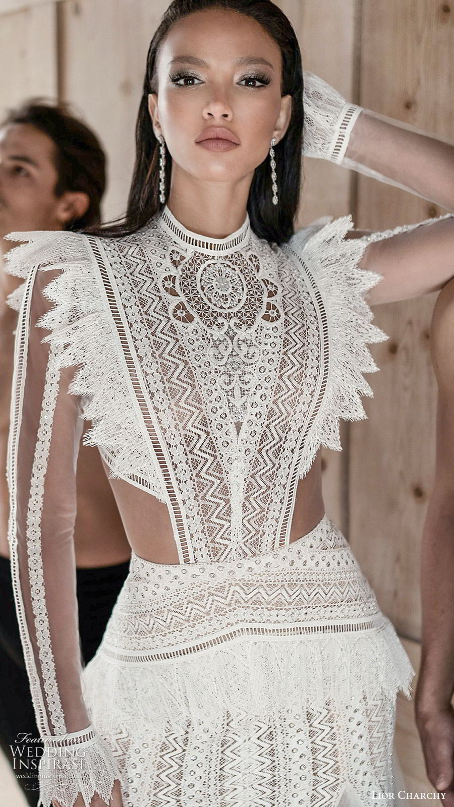 lior charchy 2019 bridal illusion long sleeves high neckline fully embellished side cutouts a line fit flare wedding dress (2) lace romantic boho chic moden zv lior charchy 2019 bridal illusion long sleeves high neckline fully embellished side cutouts a line fit flare wedding dress (2) lace romantic boho chic moden zv