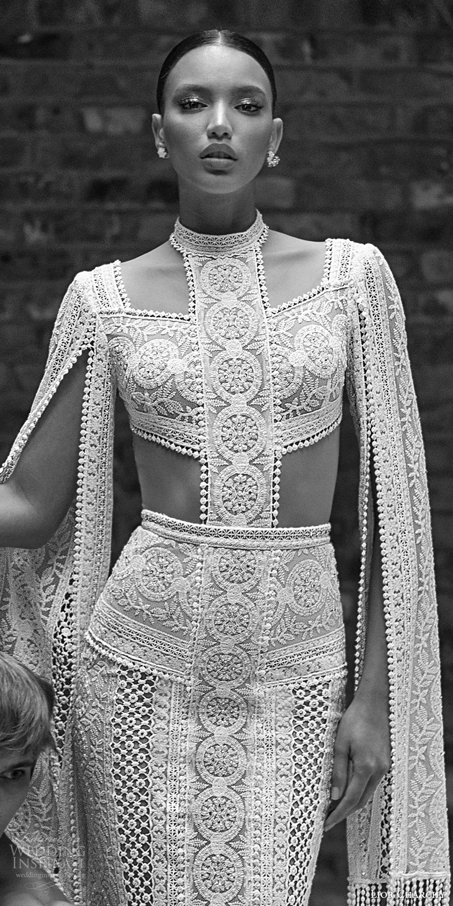 lior charchy 2019 bridal long split sleeves high neckline side cutouts heavily embellished lace sheath wedding dress (4) boho chic modern romantic lv