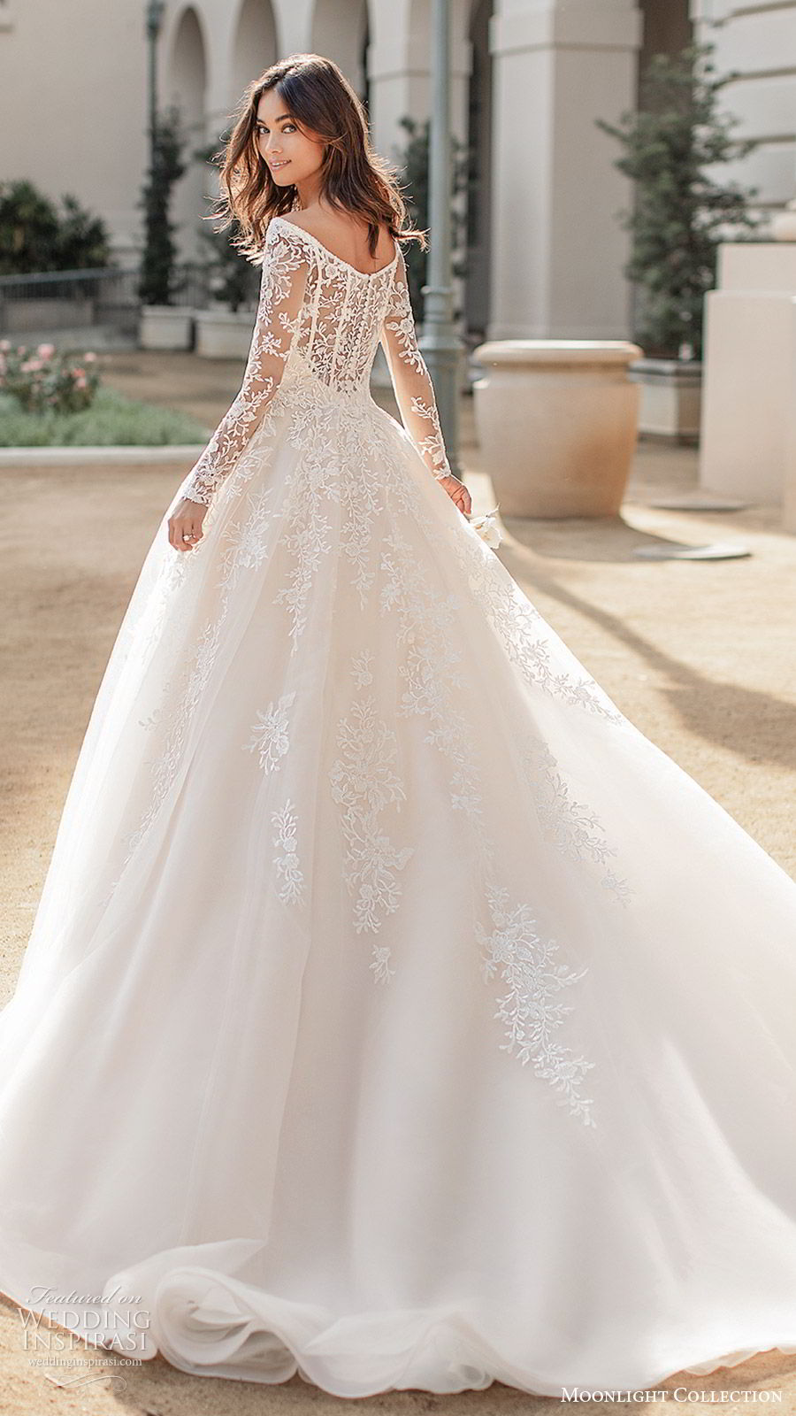 moonlight collection fall 2019 bridal illusion long sleeves off shoulder neckline fully embellished lace a line ball gown wedding dress (7) elegant princess romantic chapel train bv