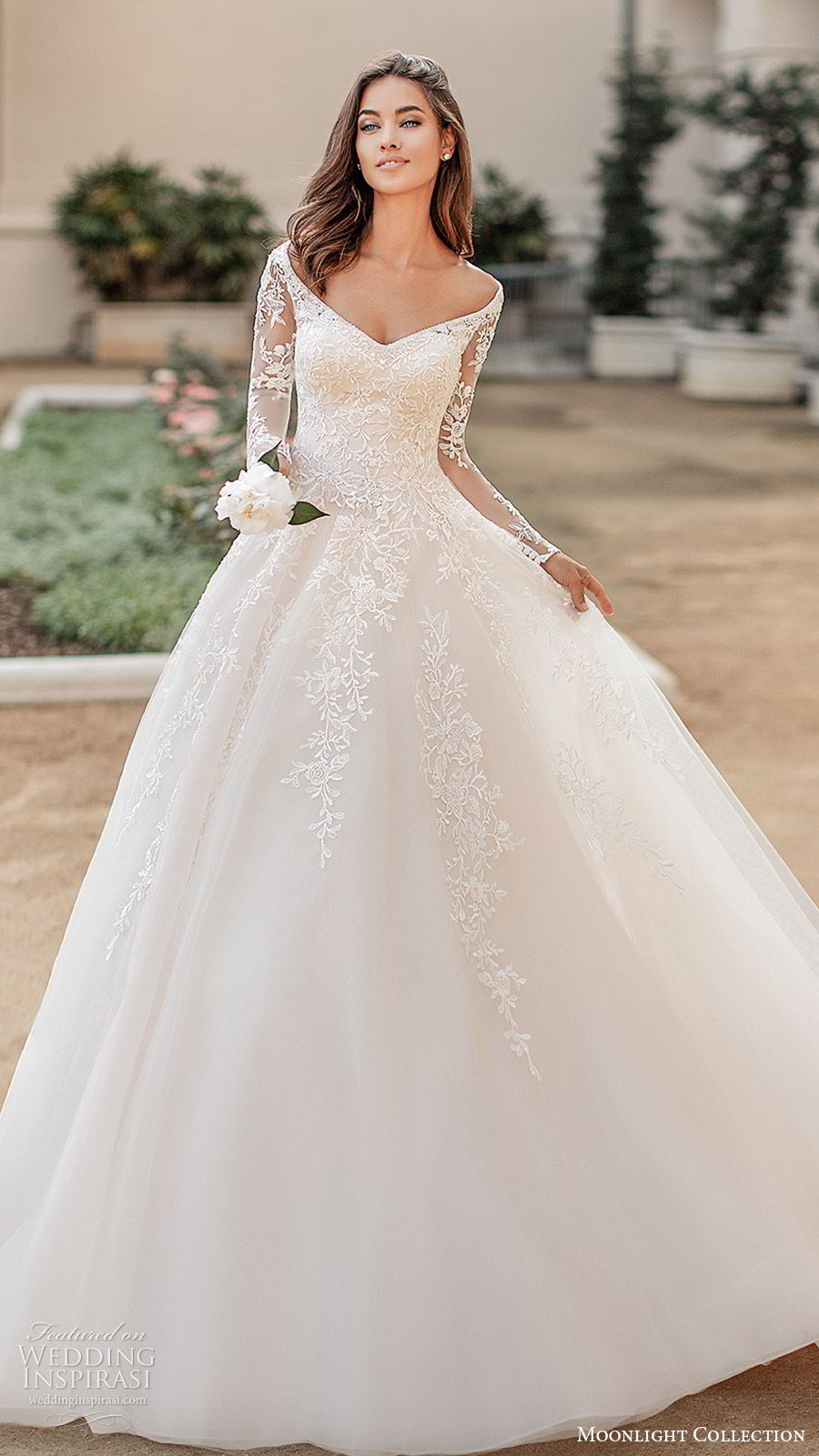 moonlight collection fall 2019 bridal illusion long sleeves off shoulder neckline fully embellished lace a line ball gown wedding dress (7) elegant princess romantic chapel train mv