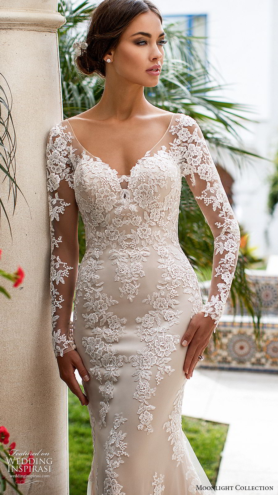 moonlight collection fall 2019 bridal illusion long sleeves sheer v neck sweetheart fully embellished lace sheath wedding dress (2) low illusion back chapel train elegant romantic zv