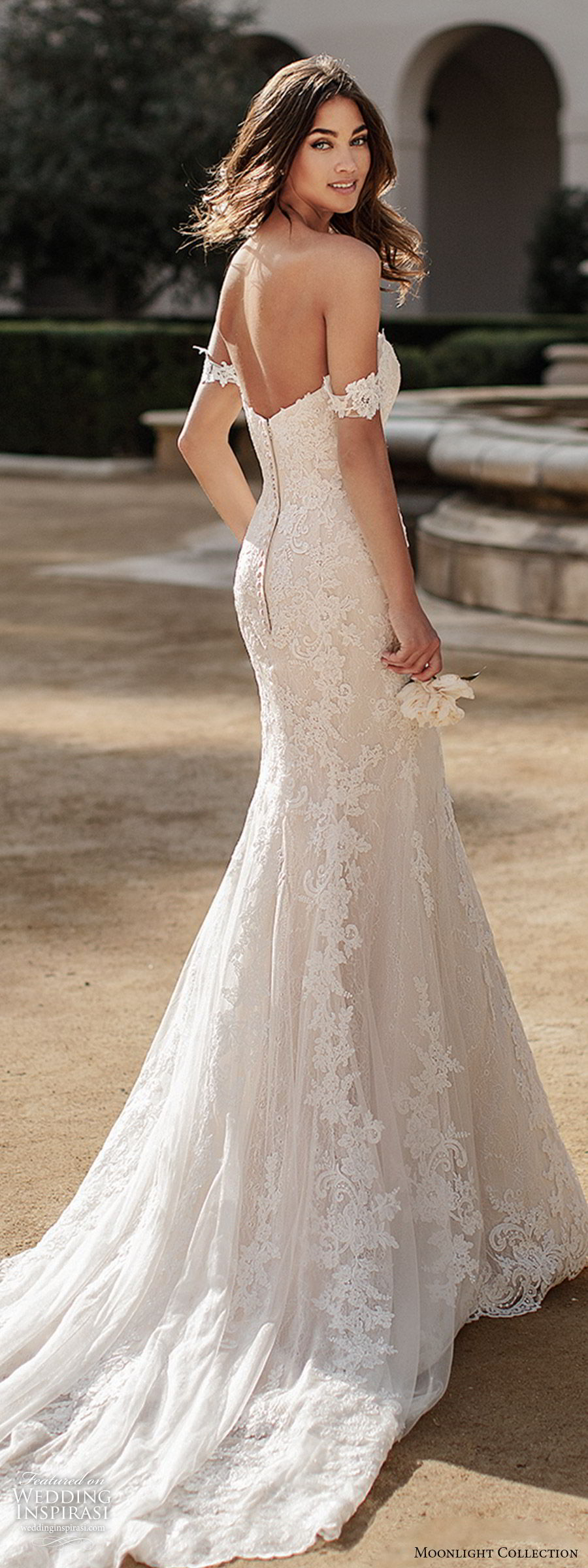 moonlight collection fall 2019 bridal off shoulder sheer straps sweetheart neckline fully embellished lace sheath mermaid trumpet wedding dress (8) elegant romantic chapel train bv