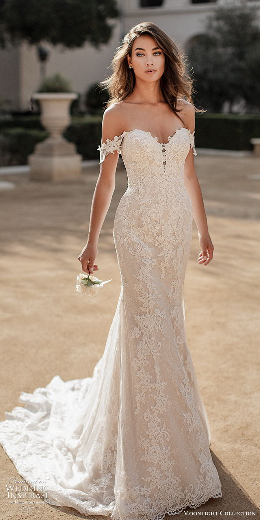 moonlight collection fall 2019 bridal off shoulder sheer straps sweetheart neckline fully embellished lace sheath mermaid trumpet wedding dress (8) elegant romantic chapel train mv