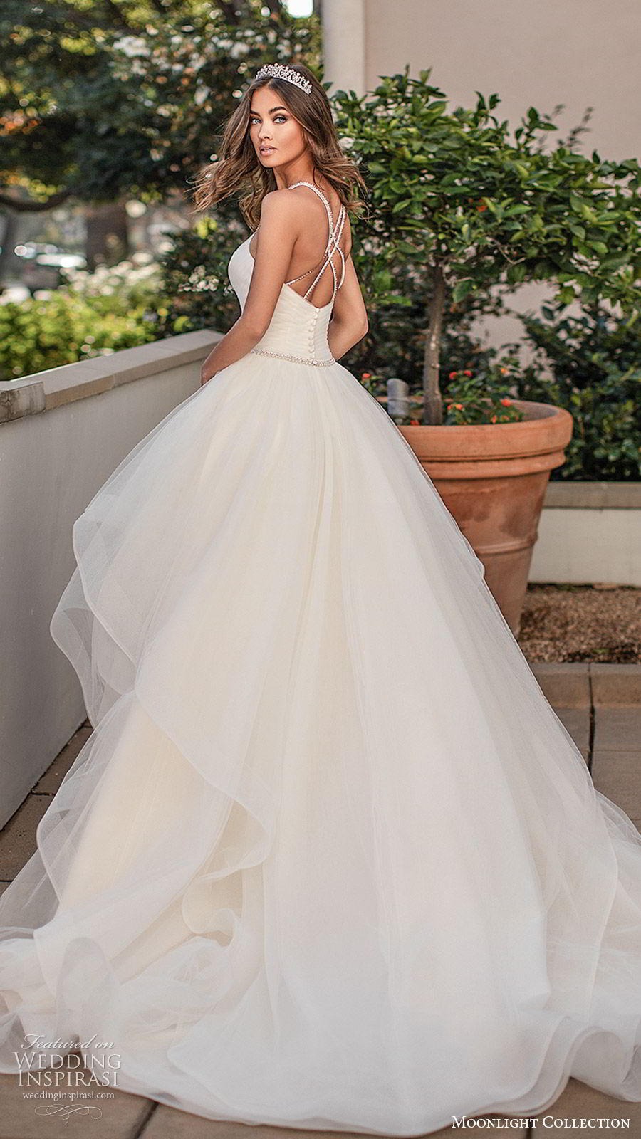 moonlight collection fall 2019 bridal sleeveless embellished straps v neck ruched bodice tiered skirt beaded waist a line ball gown wedding dress (5) clean romantic princess chapel train bv