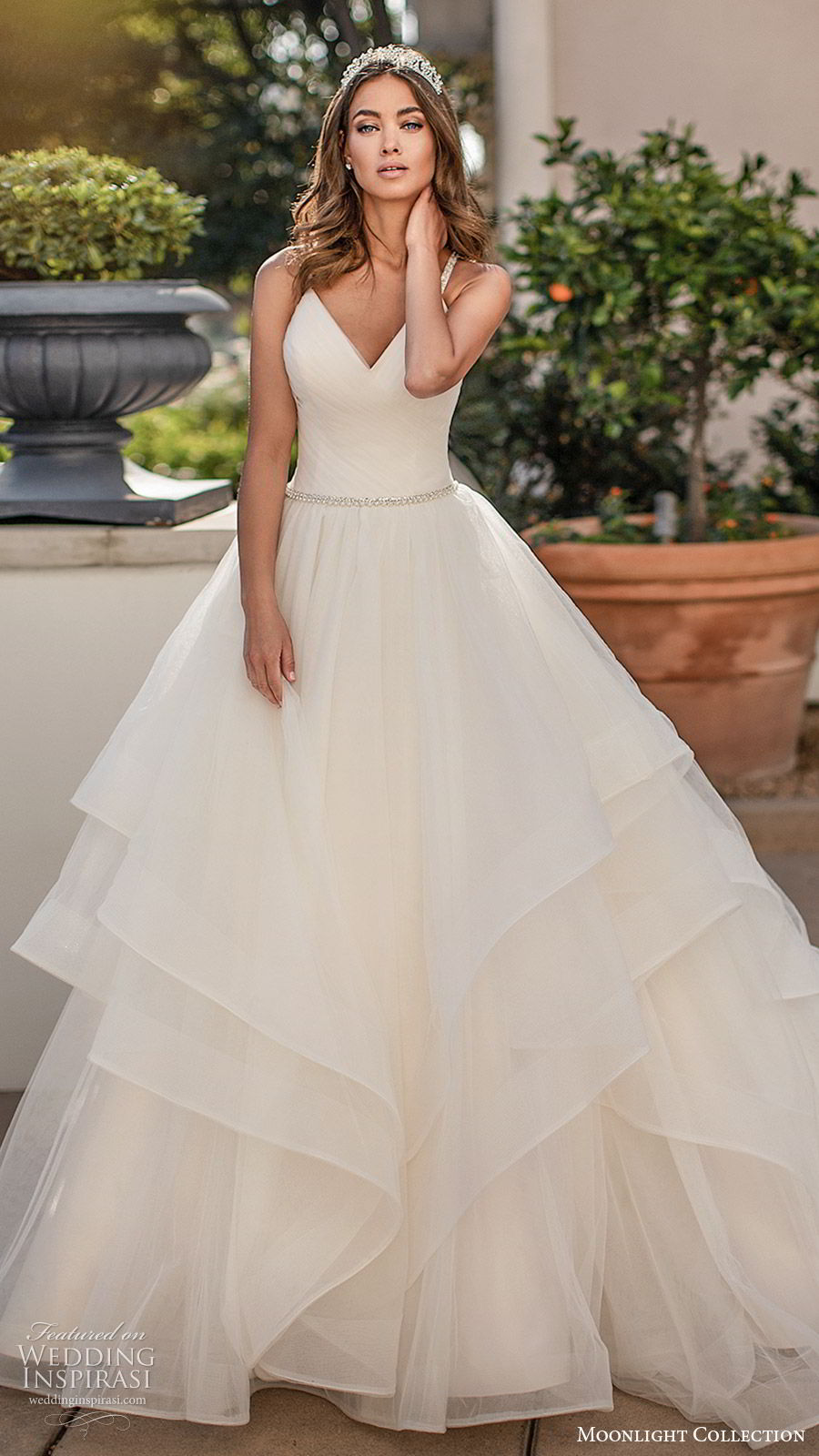 moonlight collection fall 2019 bridal sleeveless embellished straps v neck ruched bodice tiered skirt beaded waist a line ball gown wedding dress (5) clean romantic princess chapel train mv