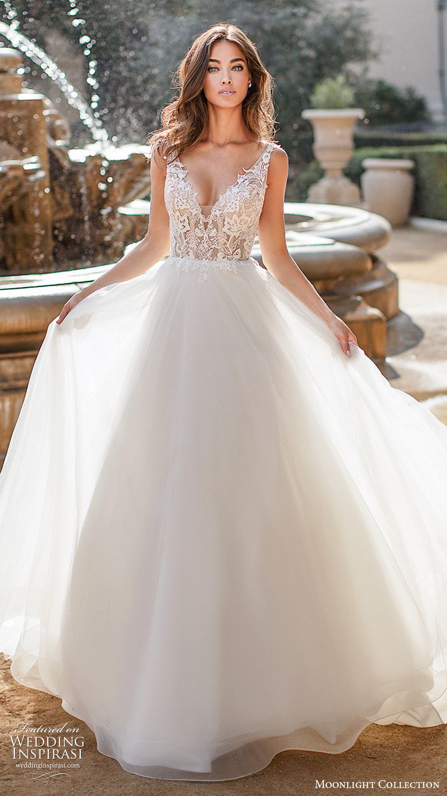 moonlight collection fall 2019 bridal sleeveless illusion straps v neckline embellished lace bodice a line ball gown wedding dress (3) elegant romantic chapel train mv