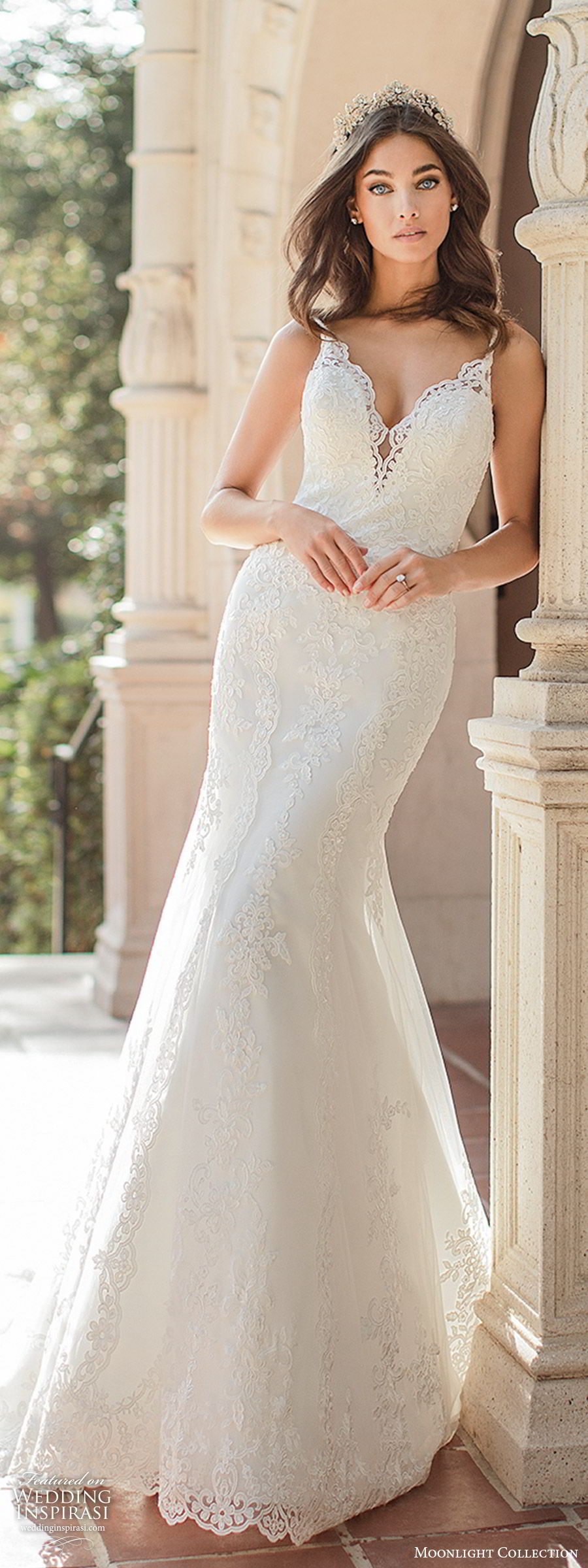 moonlight collection fall 2019 bridal sleeveless straps plunging v neckline fully embellished lace trumpet mermaid sheath wedding dress (9) elegant chapel train mv