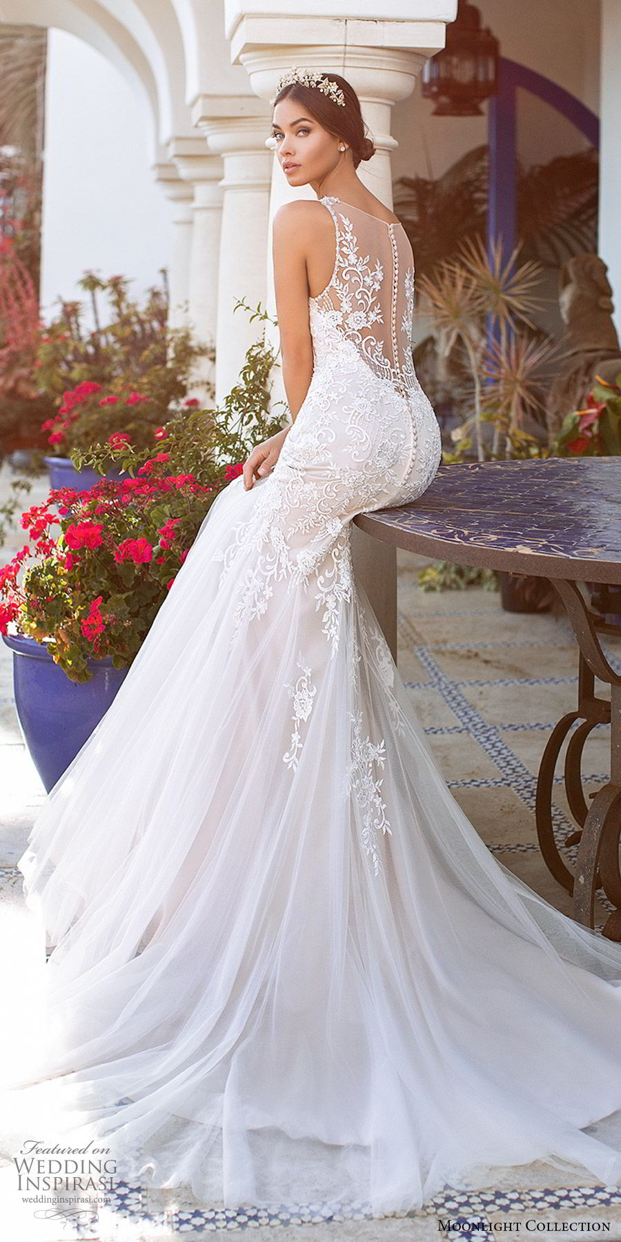 moonlight collection fall 2019 bridal sleeveless sweetheart straps embellished bodice fit flare mermaid wedding dress (1) illusion low back sweep train sleek elegant zbv