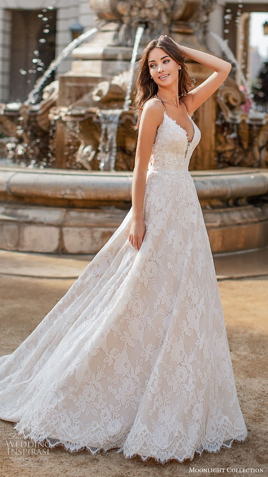 moonlight collection fall 2019 bridal sleeveless thin straps plunging v neckling fully embellished lace a line ball gown wedding dress (10) romantic princess chapel train mv