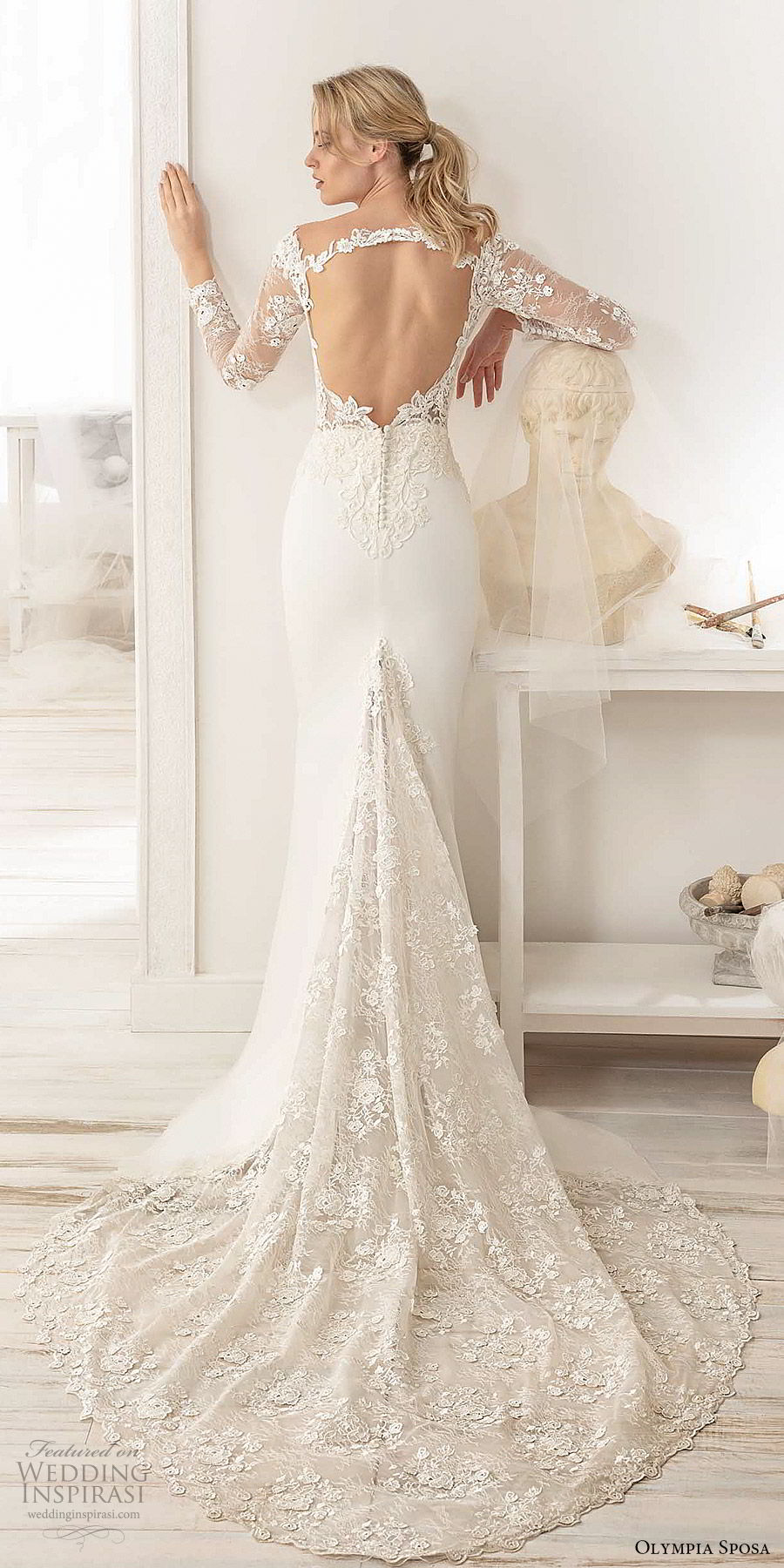 olympia sposa 2020 bridal illusion long sleeve off shoulder sweetheart sheer lace embellished bodice sheath wedding dress (2) elegant romantic keyhole back chapel train bv