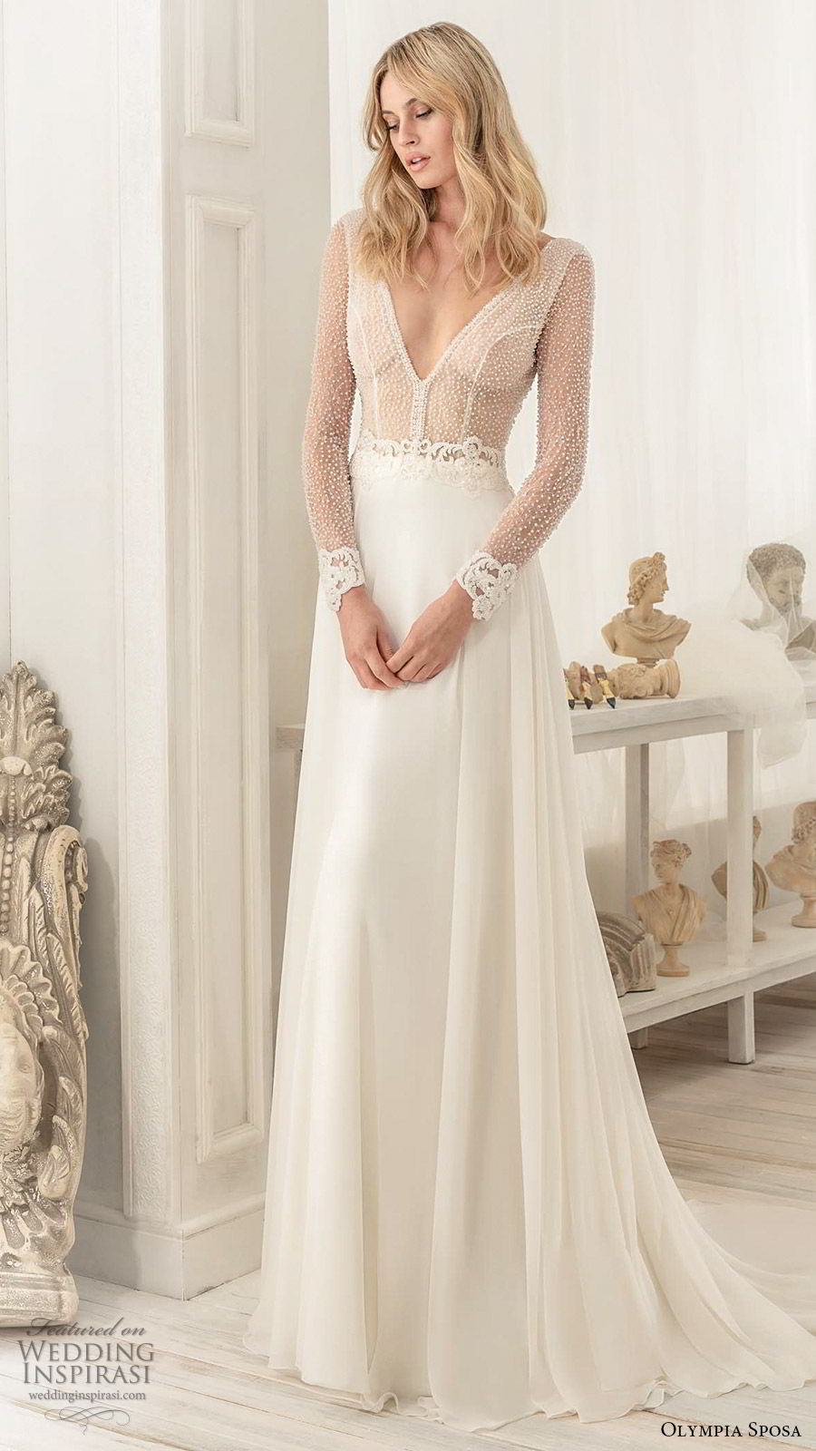 olympia sposa 2020 bridal illusion long sleeves deep v neckline sheer embellished bodice a line ball gown wedding dress (8) elegant modern sexy chapel train mv