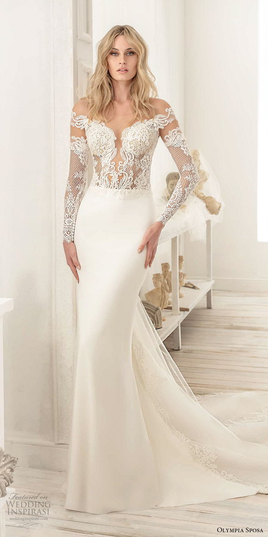 olympia sposa 2020 bridal off shoulder illusion long sleeves heavily embellished bodice sheath wedding dress (9) elegant sexy v back cathedral train mv