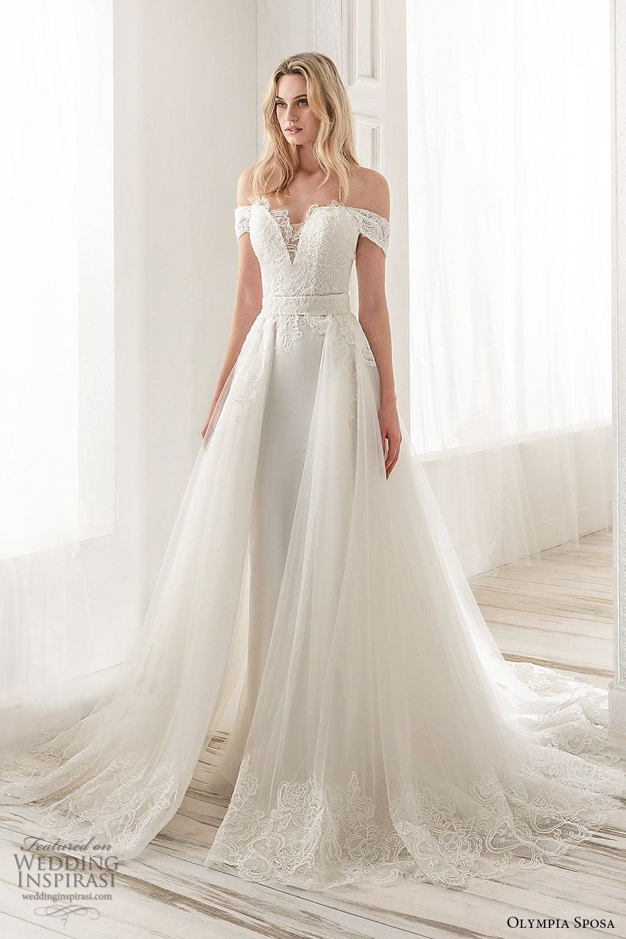 olympia sposa 2020 bridal off shoulder sweetheart embellished bodice sheath wedding dress a line ball gown overskirt (12) modern romantic cathedral train mv