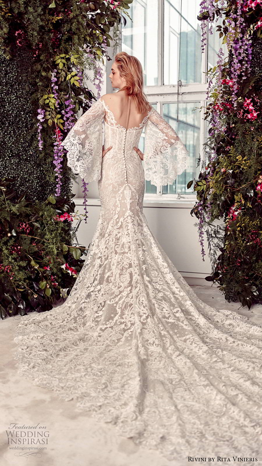 rivini by rita vinieris spring 2020 bridal elbow length flared sleeves off shoulder sweetheart neckline fully embellished lace elegant boho sheath fit flare wedding dress chapel train (1) bv