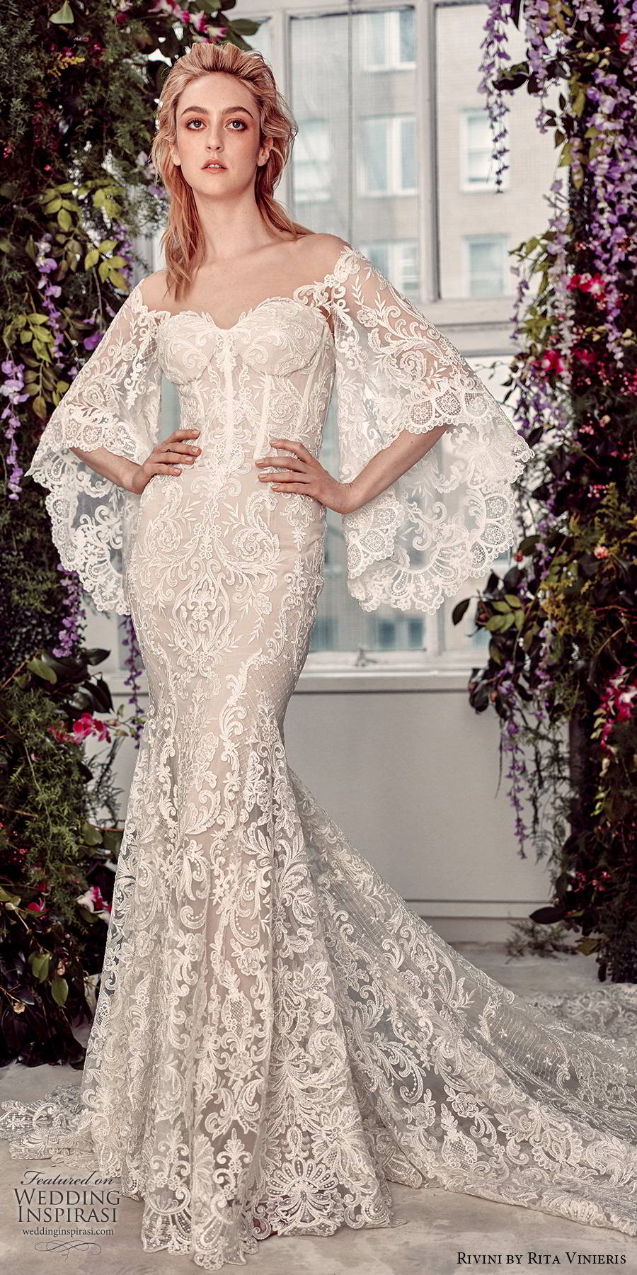 rivini by rita vinieris spring 2020 bridal elbow length flared sleeves off shoulder sweetheart neckline fully embellished lace elegant boho sheath fit flare wedding dress chapel train (1) mv