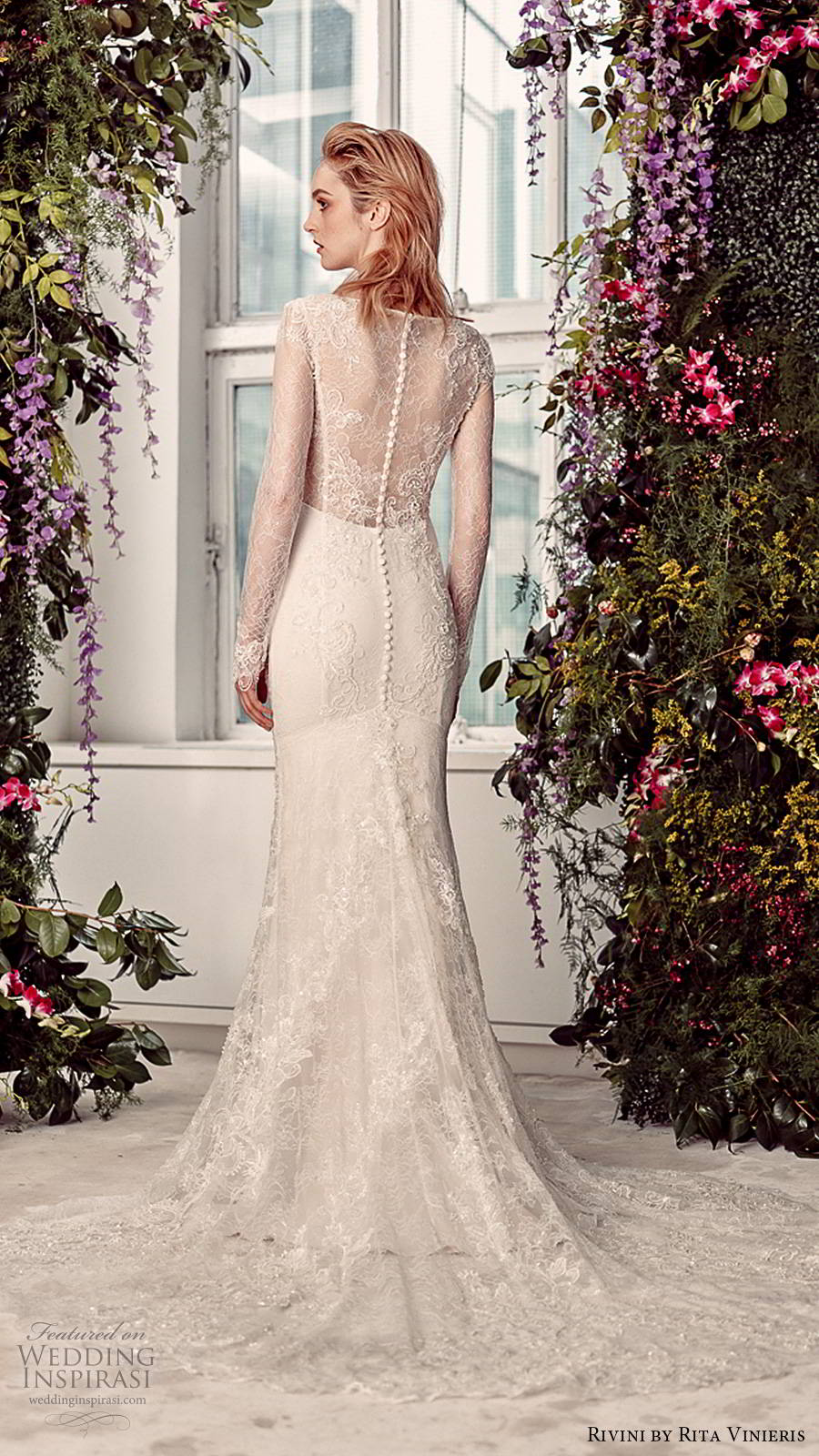 rivini by rita vinieris spring 2020 bridal illusion long sleeves plunging v neckline fully embellished lace elegant sheath fit flare wedding dress (4) bv