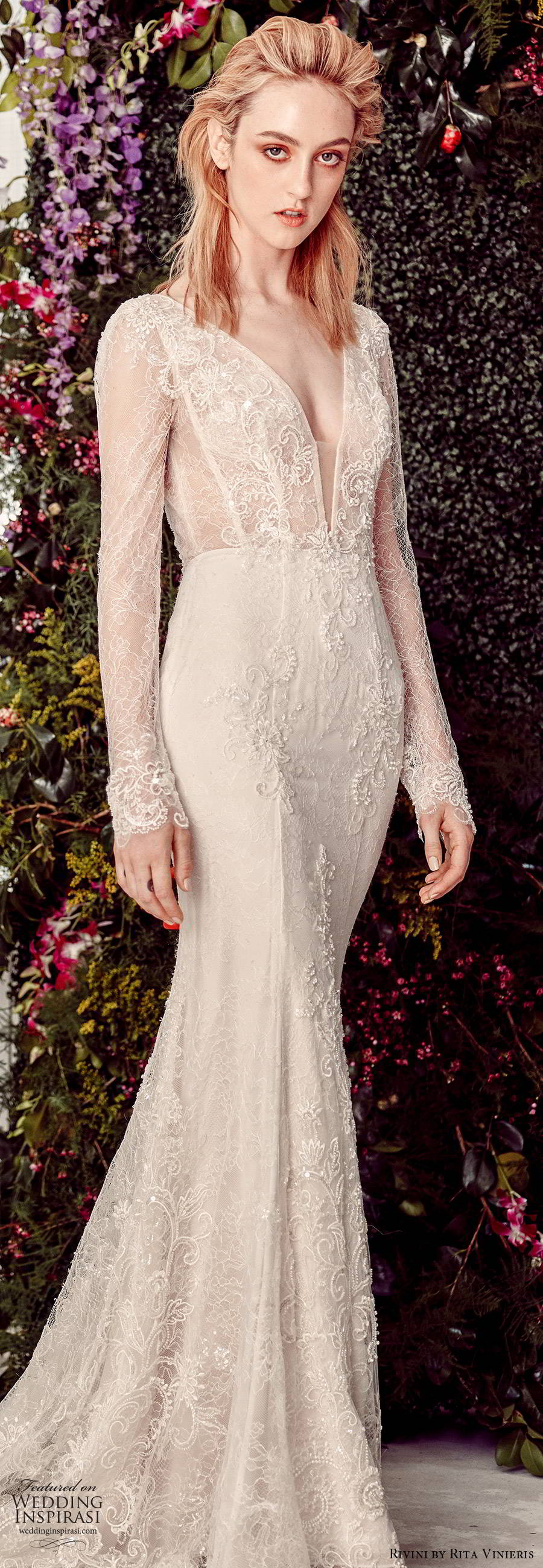 rivini by rita vinieris spring 2020 bridal illusion long sleeves plunging v neckline fully embellished lace elegant sheath fit flare wedding dress (4) lv