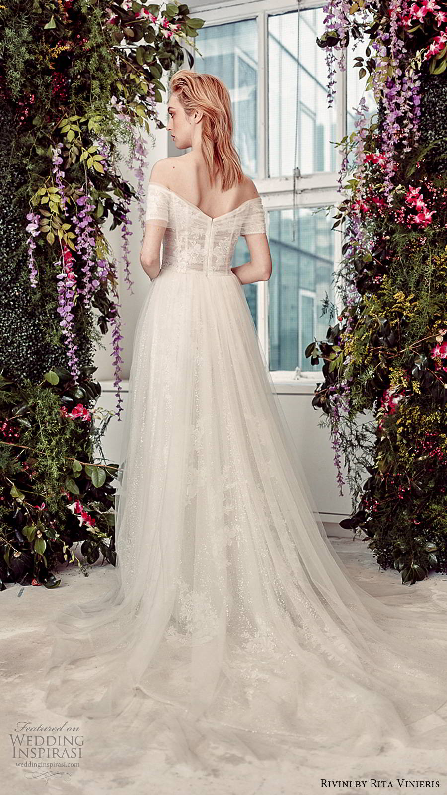 rivini by rita vinieris spring 2020 bridal off shoulder short sleeves semi sweetheart neckline fully embellished sheer overskirt romantic a line ball gown wedding dress chapel train (7) bv