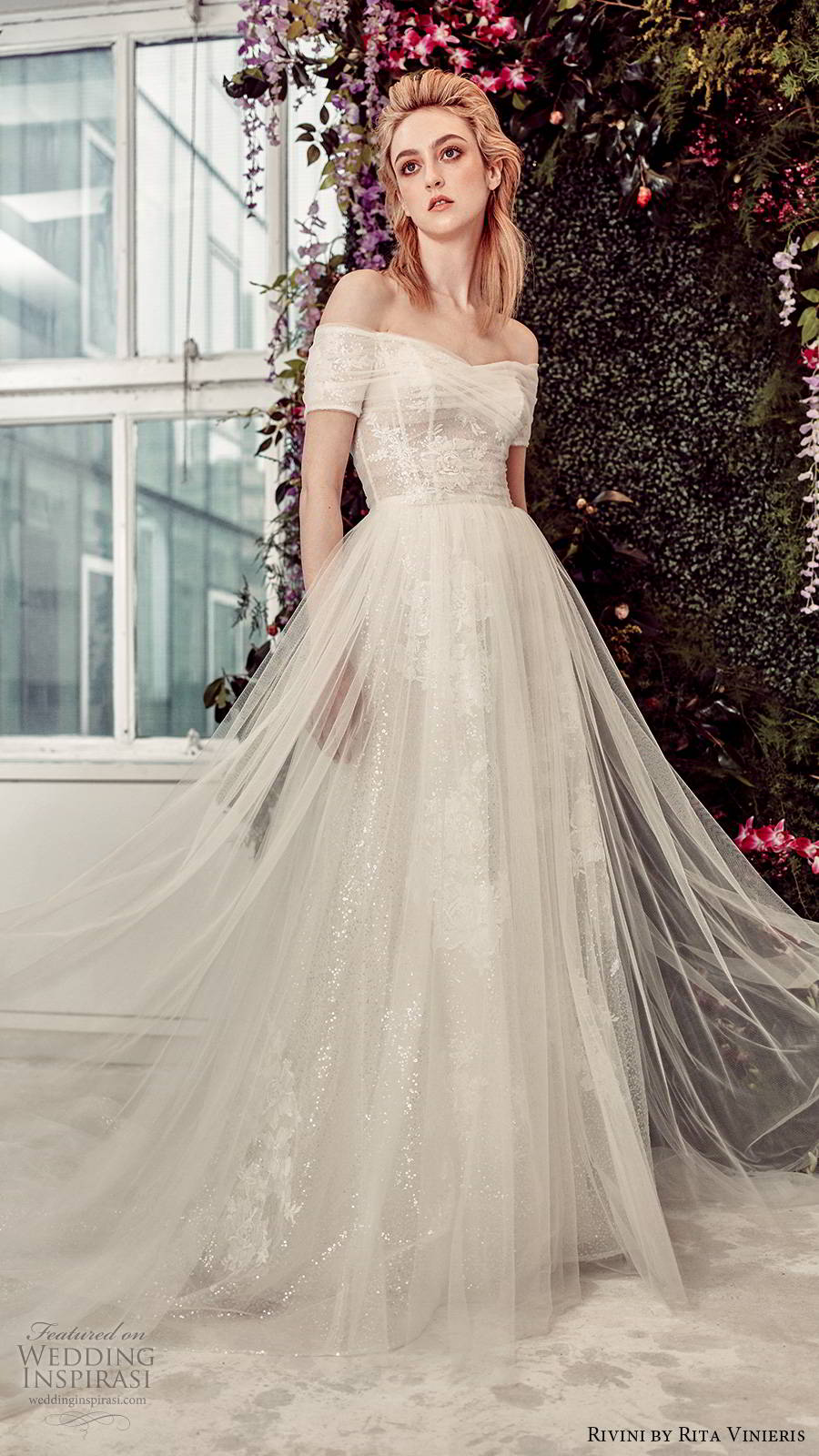 rivini by rita vinieris spring 2020 bridal off shoulder short sleeves semi sweetheart neckline fully embellished sheer overskirt romantic a line ball gown wedding dress chapel train (7) mv