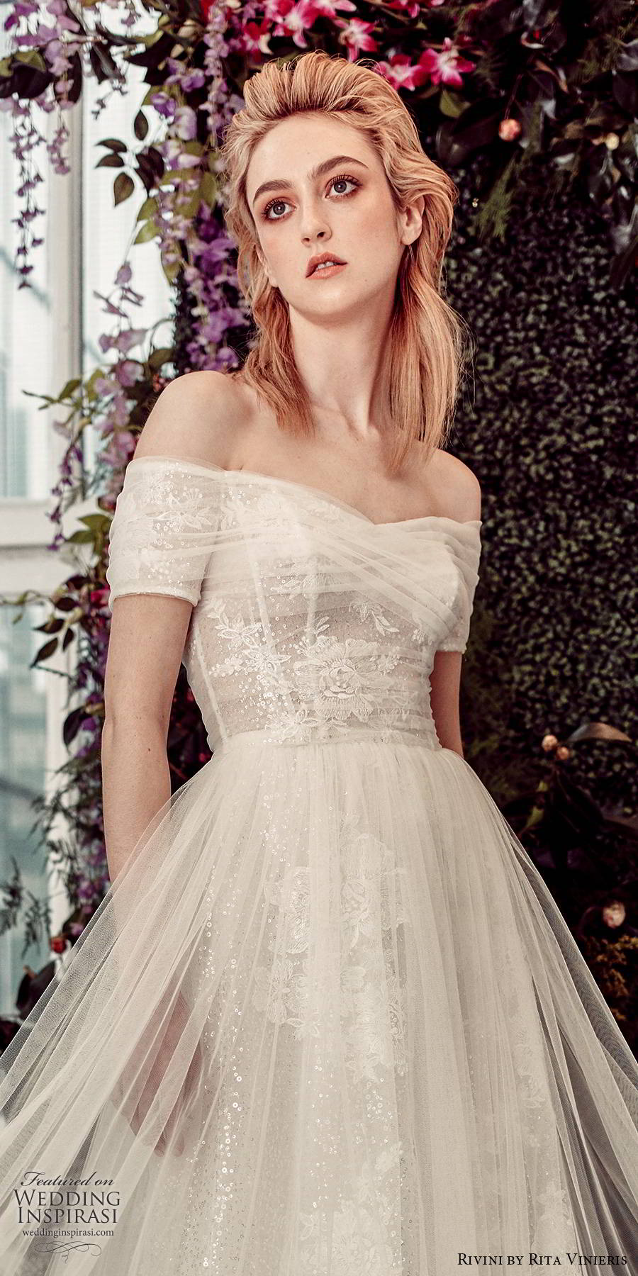 rivini by rita vinieris spring 2020 bridal off shoulder short sleeves semi sweetheart neckline fully embellished sheer overskirt romantic a line ball gown wedding dress chapel train (7) zv