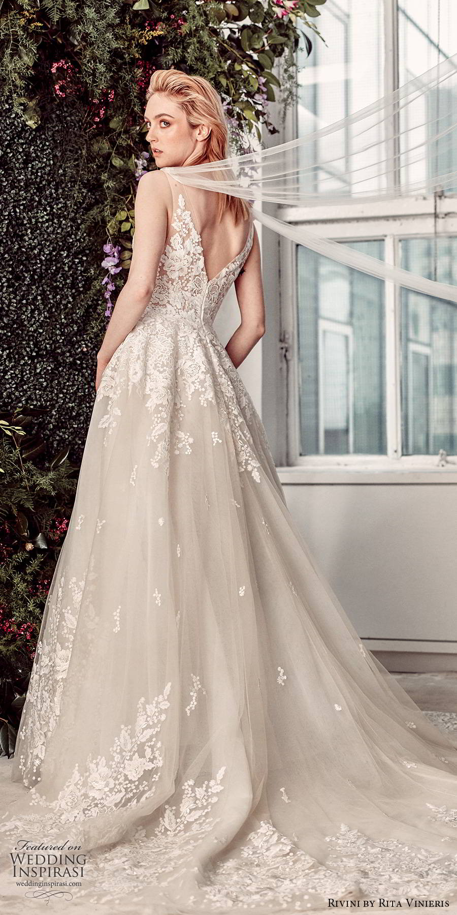 rivini by rita vinieris spring 2020 bridal sleeveless sheer straps illusion embellished lace bodice romantic princess a line ball gown wedding dress chapel train (13) bv