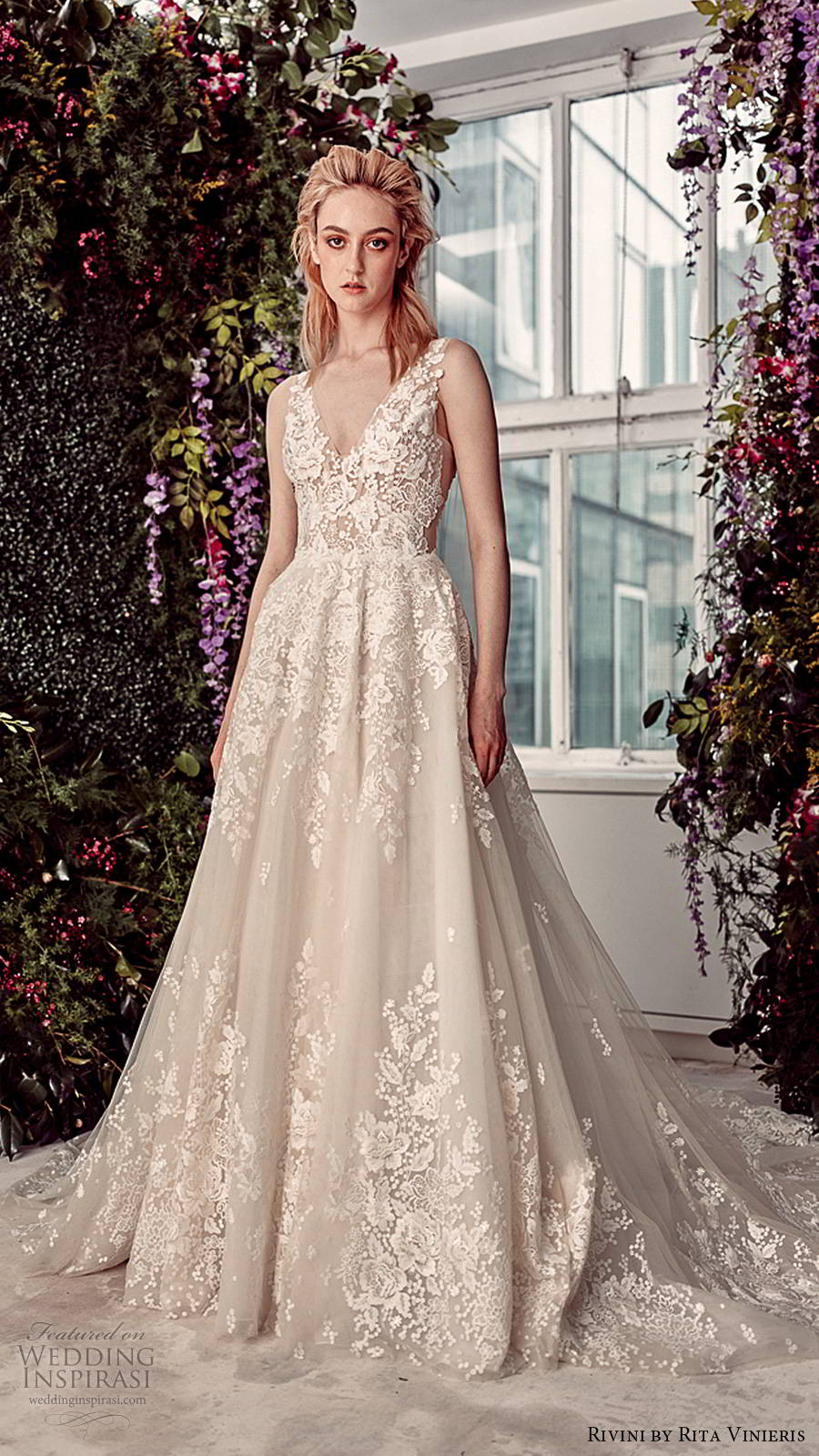 rivini by rita vinieris spring 2020 bridal sleeveless sheer straps illusion embellished lace bodice romantic princess a line ball gown wedding dress chapel train (13) mv