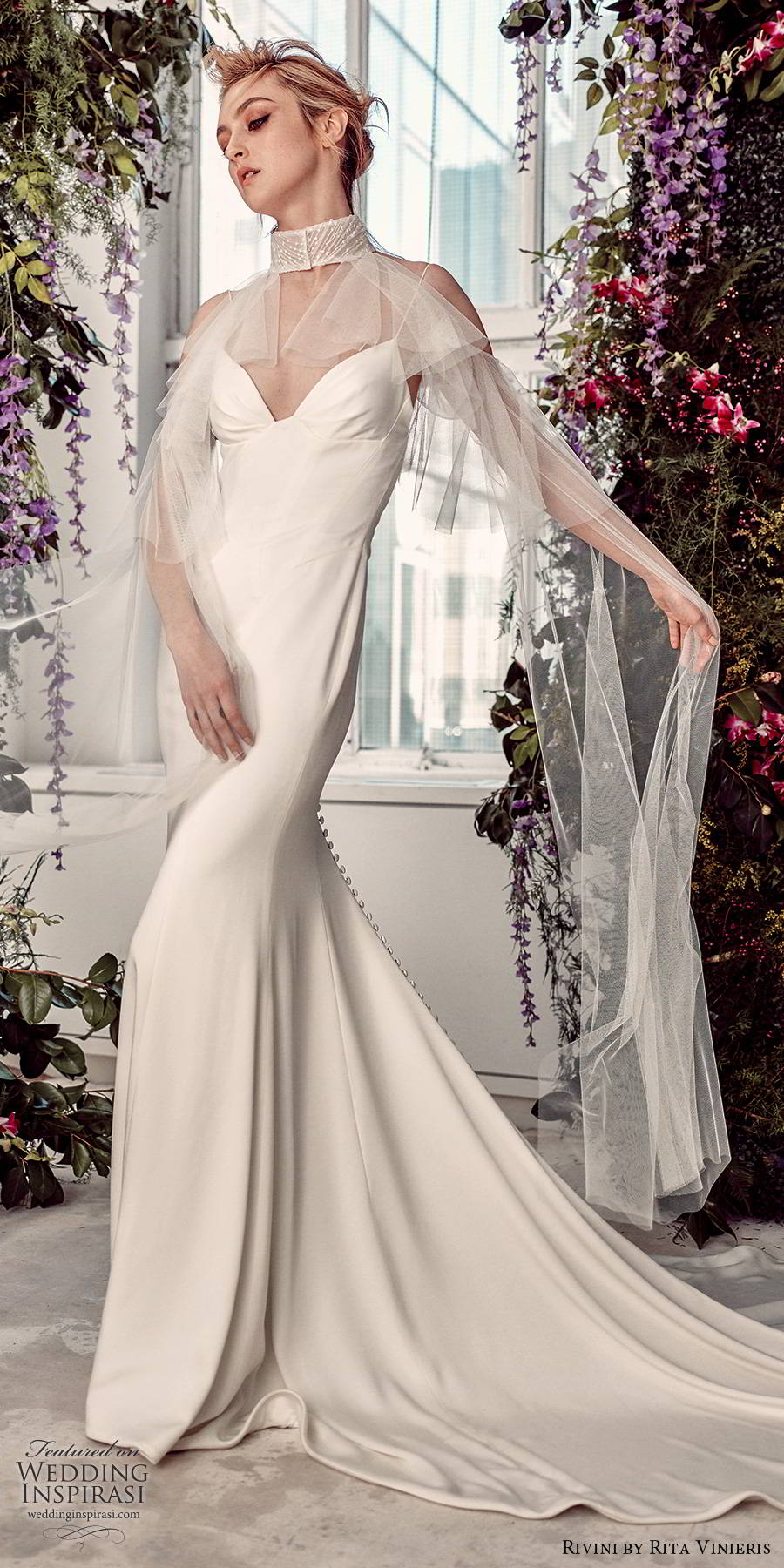 rivini by rita vinieris spring 2020 bridal sleeveless thin straps sweetheart minimally embellished modern clean sheath wedding dress sheer cape chapel train (12) mv