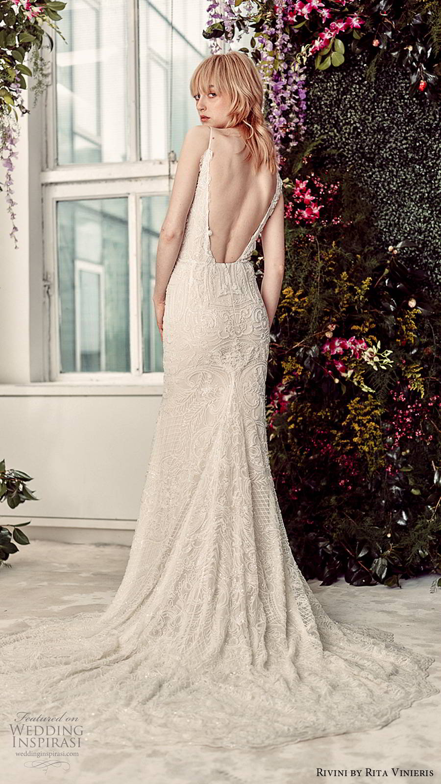 rivini by rita vinieris spring 2020 bridal sleevelses thin straps plunging v neckline fully embellished glam sheath wedding dress open back chapel train (6) bv