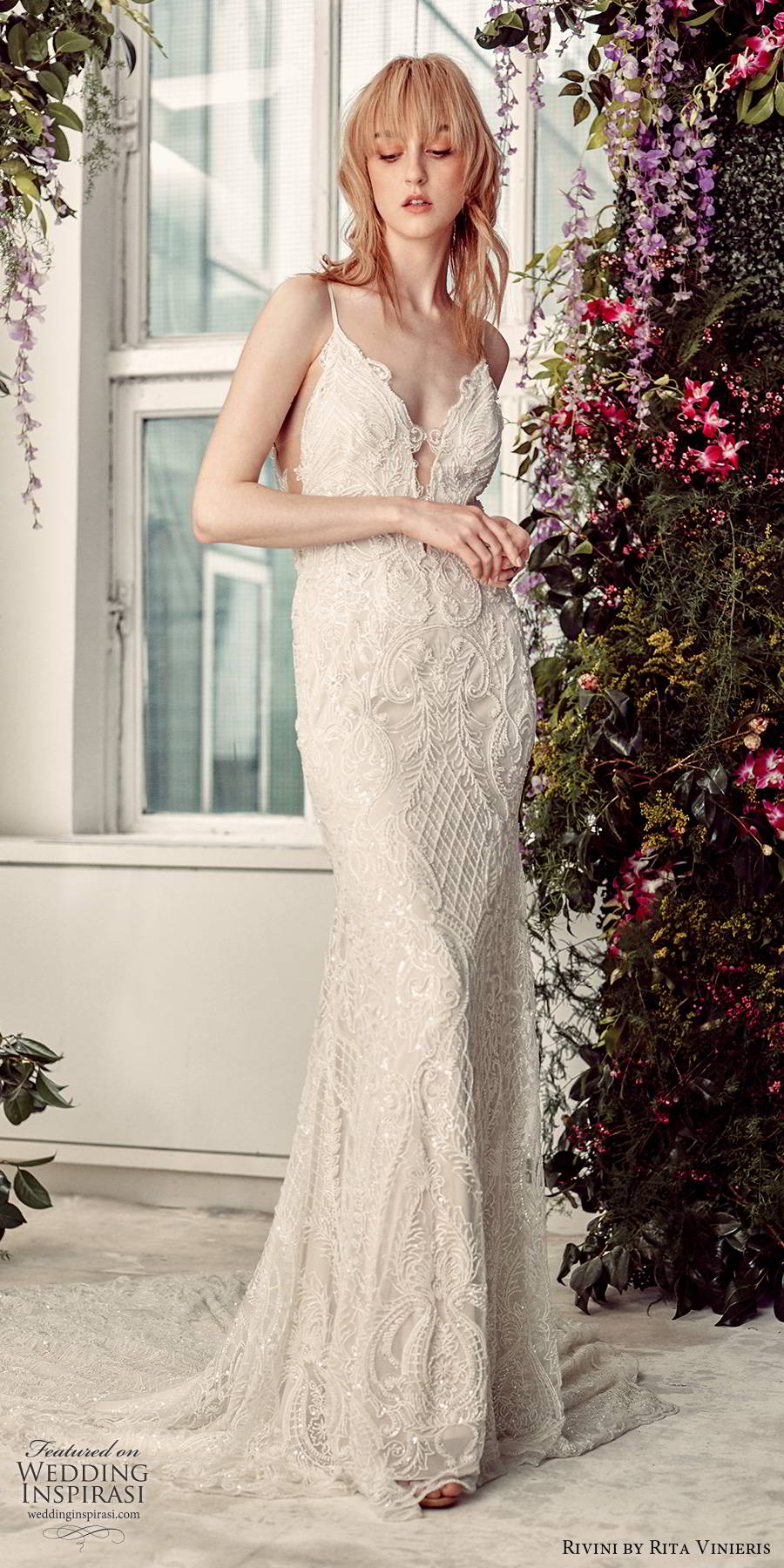 rivini by rita vinieris spring 2020 bridal sleevelses thin straps plunging v neckline fully embellished glam sheath wedding dress open back chapel train (6) mv