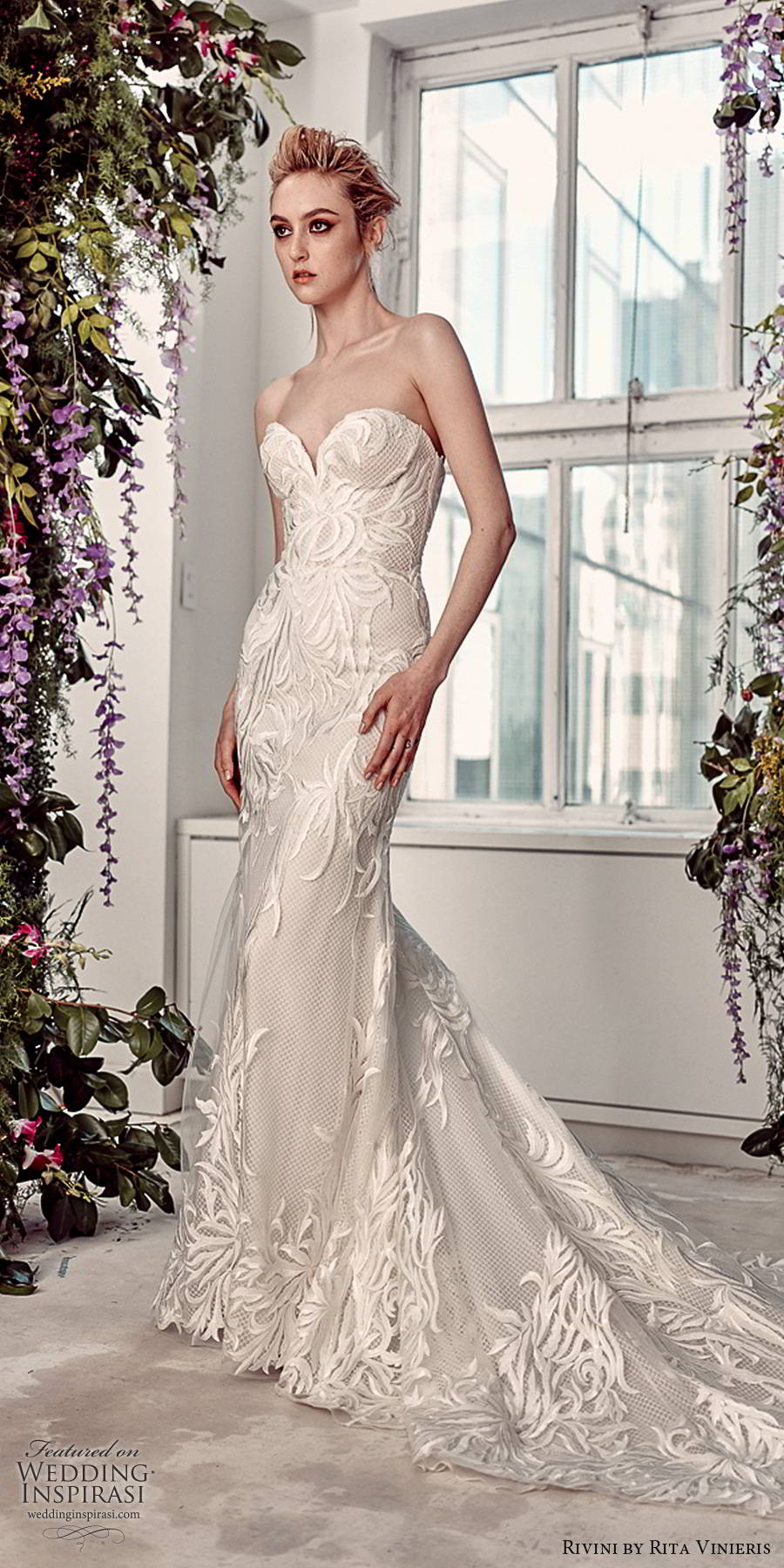 rivini by rita vinieris spring 2020 bridal straples sweetheart fully embellished elegant modern lace sheath wedding dress chapel train (10) mv