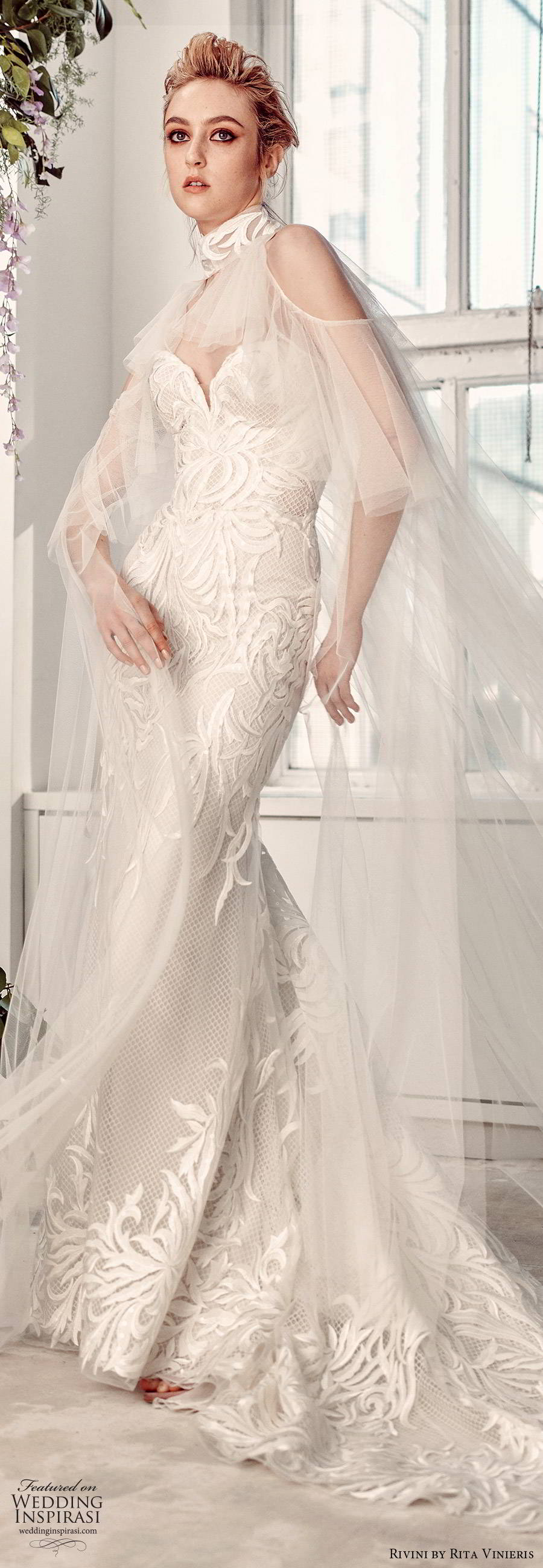 rivini by rita vinieris spring 2020 bridal straples sweetheart fully embellished elegant modern lace sheath wedding dress sheer cape chapel train (10) lv rivini by rita vinieris spring 2020 bridal straples sweetheart fully embellished elegant modern lace sheath wedding dress sheer cape chapel train (10) lv