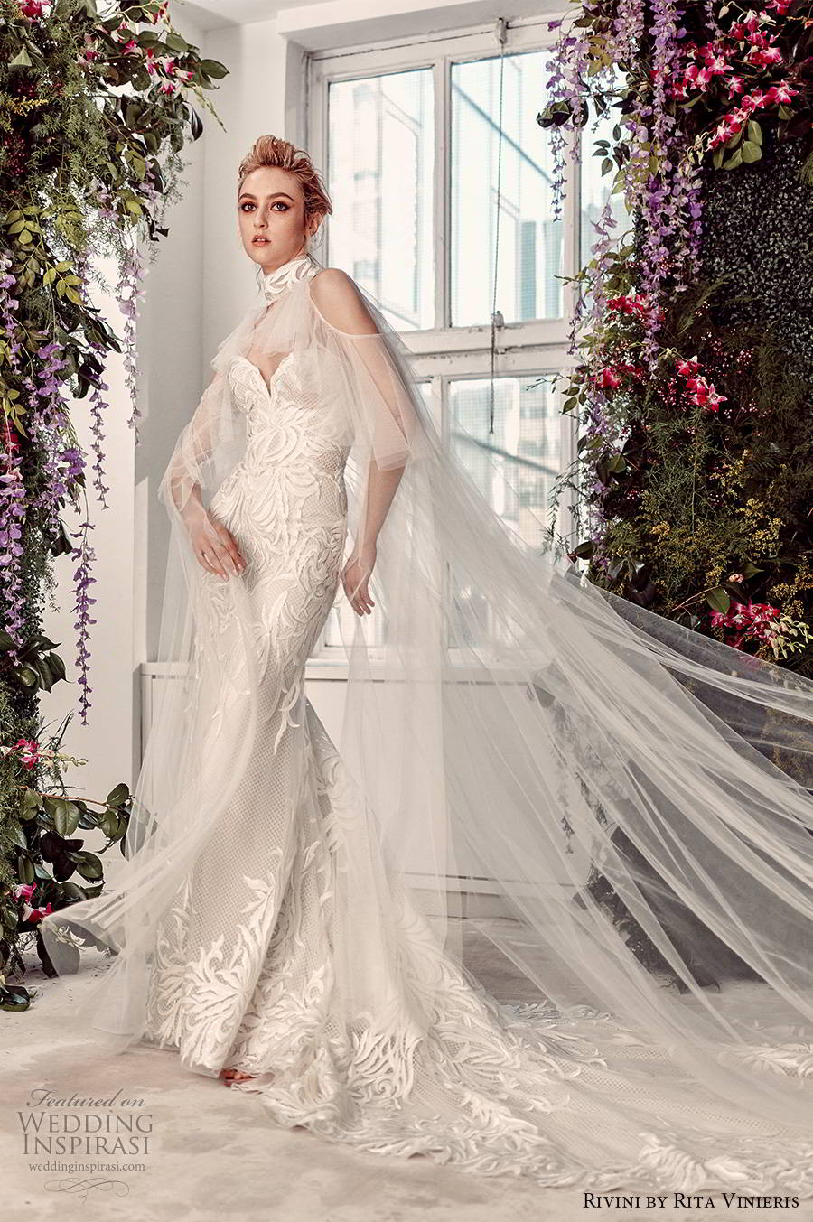 rivini by rita vinieris spring 2020 bridal straples sweetheart fully embellished elegant modern lace sheath wedding dress sheer cape chapel train (10) mv