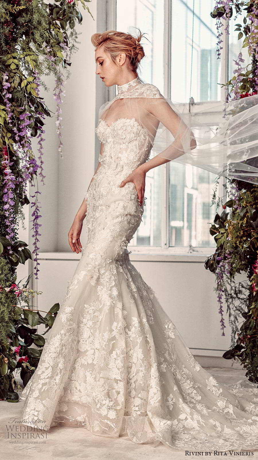 rivini by rita vinieris spring 2020 bridal strapless sweetheart neckline fully embellished elegant lace fit flare wedding dress sheer cape chapel train (9) mv rivini by rita vinieris spring 2020 bridal strapless sweetheart neckline fully embellished elegant lace fit flare wedding dress sheer cape chapel train (9) mv