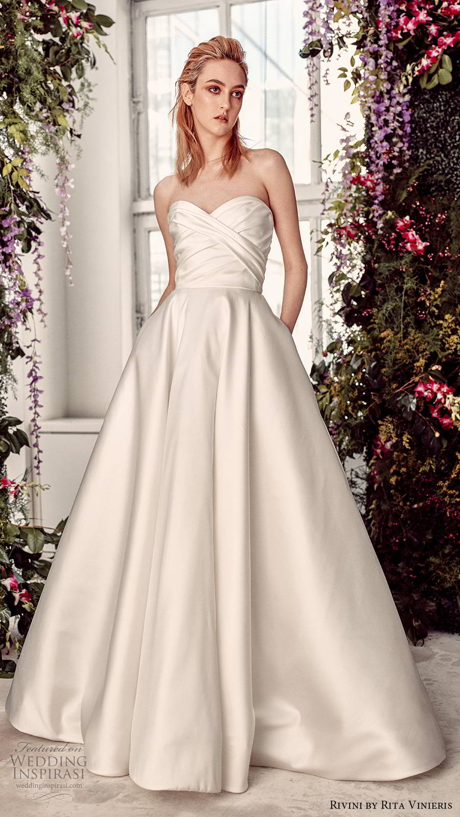 rivini by rita vinieris spring 2020 bridal strapless sweetheart ruched bodice minimalist clean modrn a line ball gown wedding dress pockets chapel train (11) mv