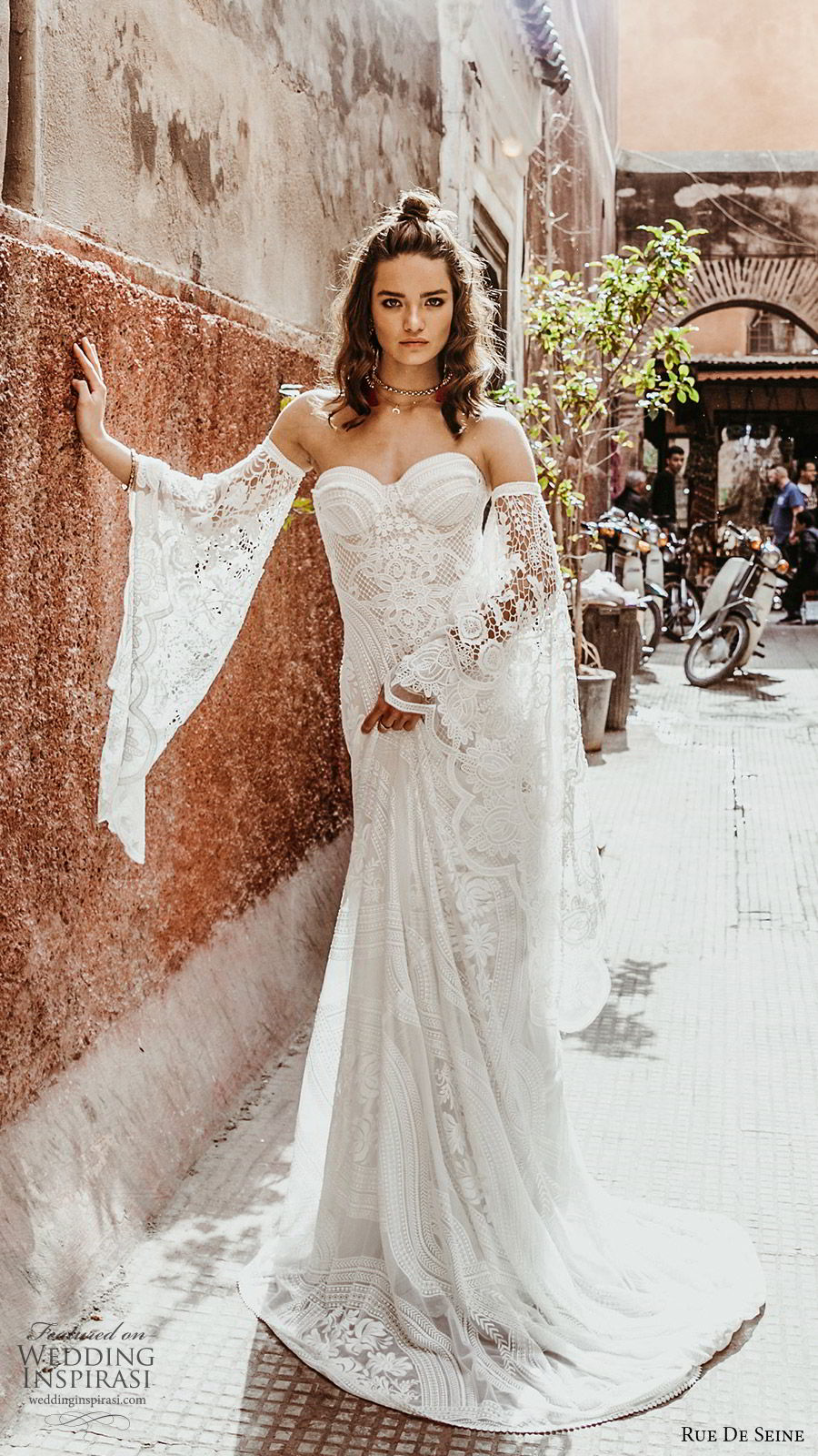 rue de seine 2019 bridal detached bell long sleeves sweetheart neckline fully embellished lace fit flare a line wedding dress (2) boho chic chapel train romantic mv 