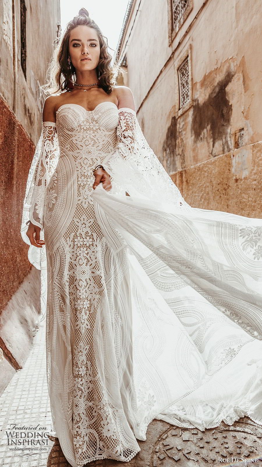 rue de seine 2019 bridal detached bell long sleeves sweetheart neckline fully embellished lace fit flare a line wedding dress (2) boho chic chapel train romantic mv