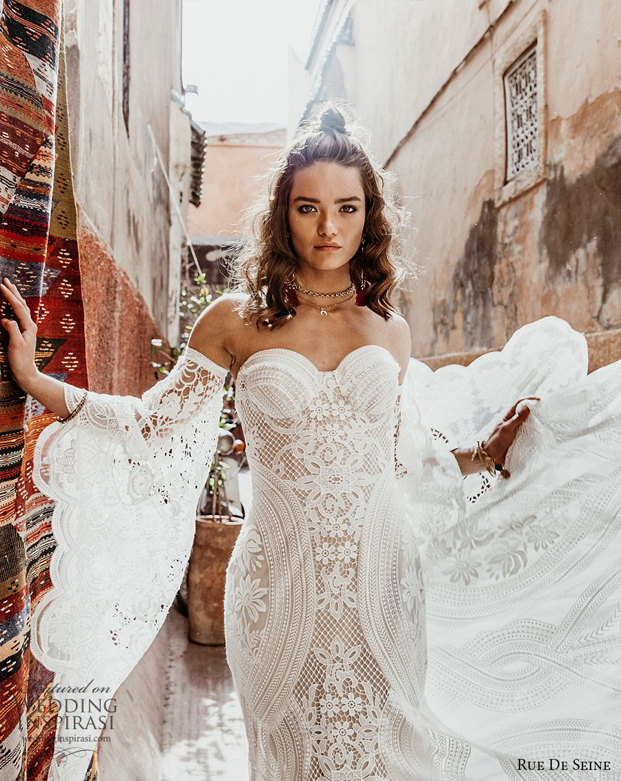 rue de seine 2019 bridal detached bell long sleeves sweetheart neckline fully embellished lace fit flare a line wedding dress (2) boho chic chapel train romantic zv