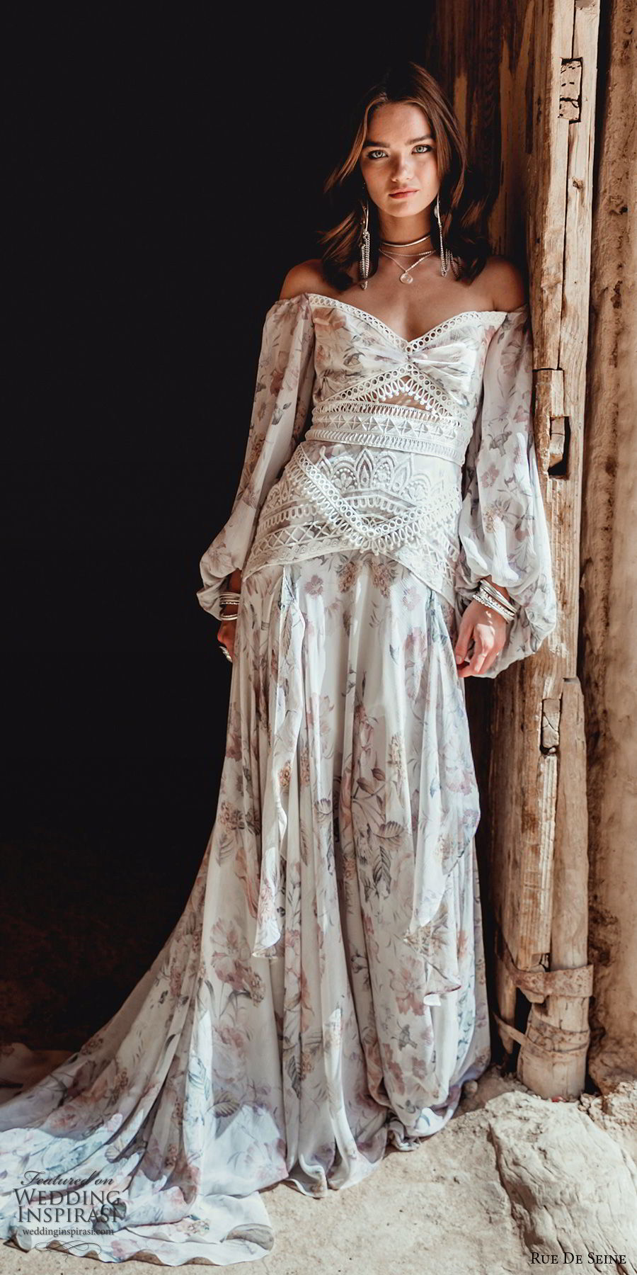 rue de seine 2019 bridal long bishop sleeves off shoulder semi sweetheart fit flare a line wedidng dress (9) boho chic romantic print chapel train mv