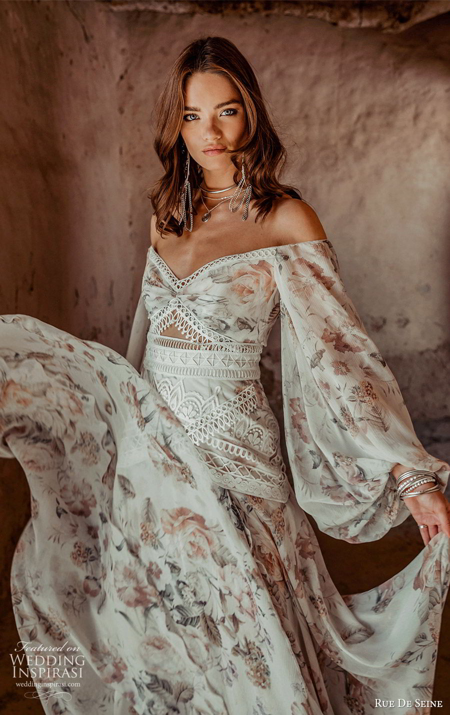 rue de seine 2019 bridal long bishop sleeves off shoulder semi sweetheart fit flare a line wedidng dress (9) boho chic romantic print chapel train zv