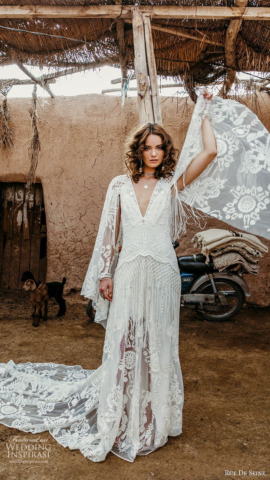 rue de seine 2019 bridal sheer flare sleeves deep v neckline fully embllished lace a line wedding dress (7) boho chic romantic keyhole back chapel train mv