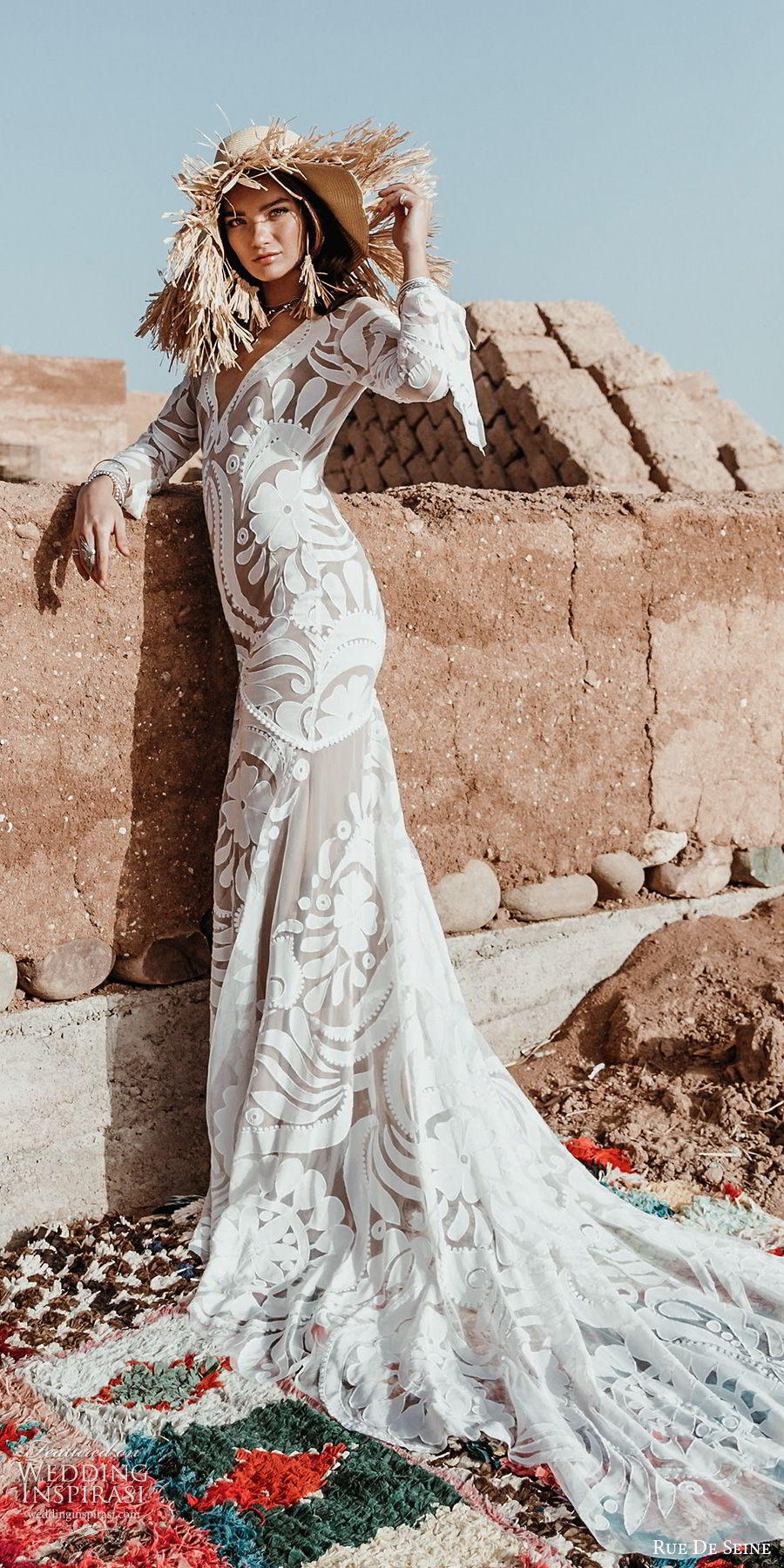 rue de seine 2019 bridal sheer long sleeves deep v neckline lace sheath wedding dress (6) boho chic romantic low open back hapel train mv 